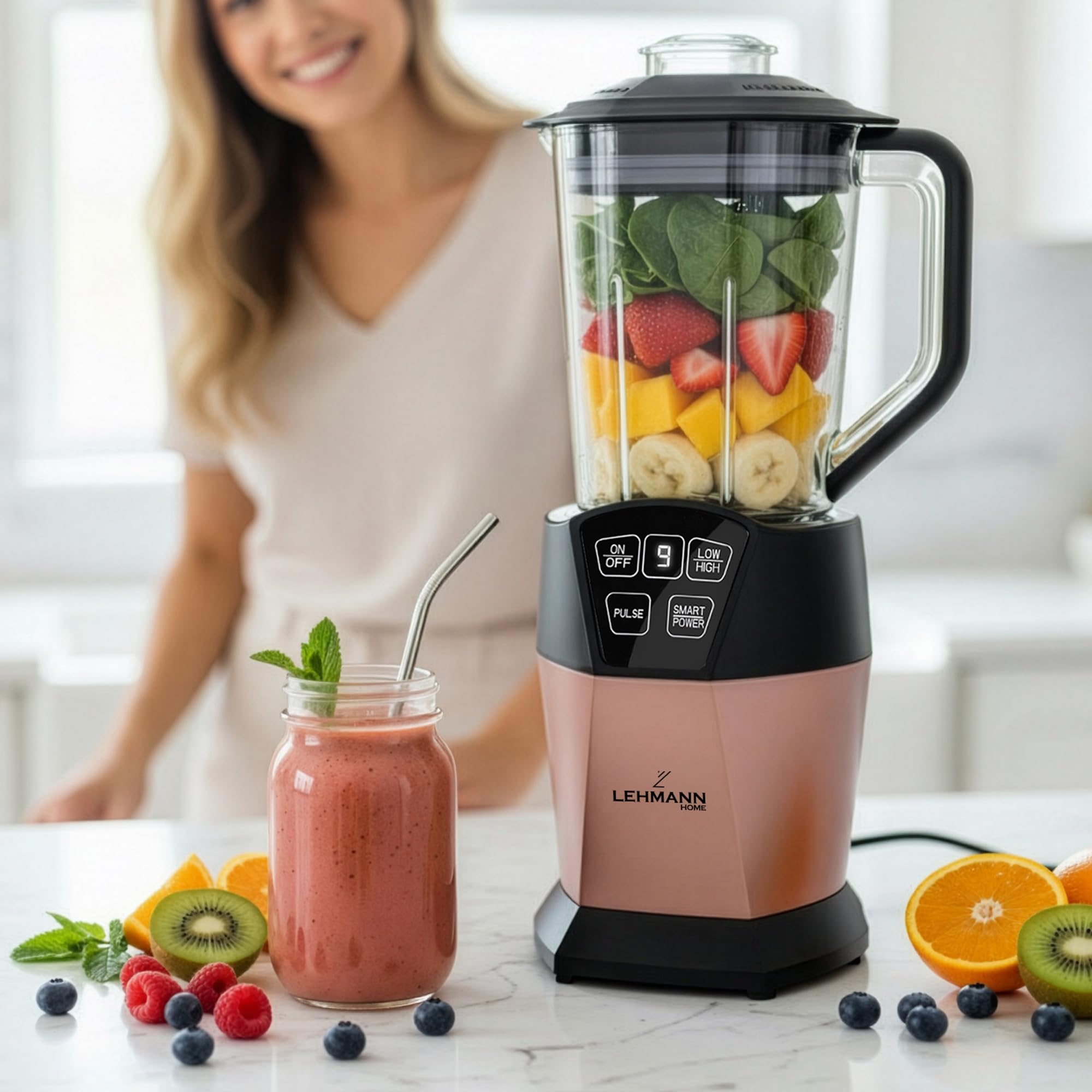 LEHMANN Blender & Smoothie Mixeur 2-en-1 avec Bol 1500 ml et Gobelet Portable 800 ml, 4 Programmes, Lames à 6 Couteaux en Acier Inoxydable, sans BPA, Nettoyage facile, Puissance 1000 W, Or rose