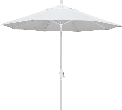 California Umbrella 9 Round Aluminum Market Umbrella, Crank Lift, Collar Tilt, White Pole, White Olefin
