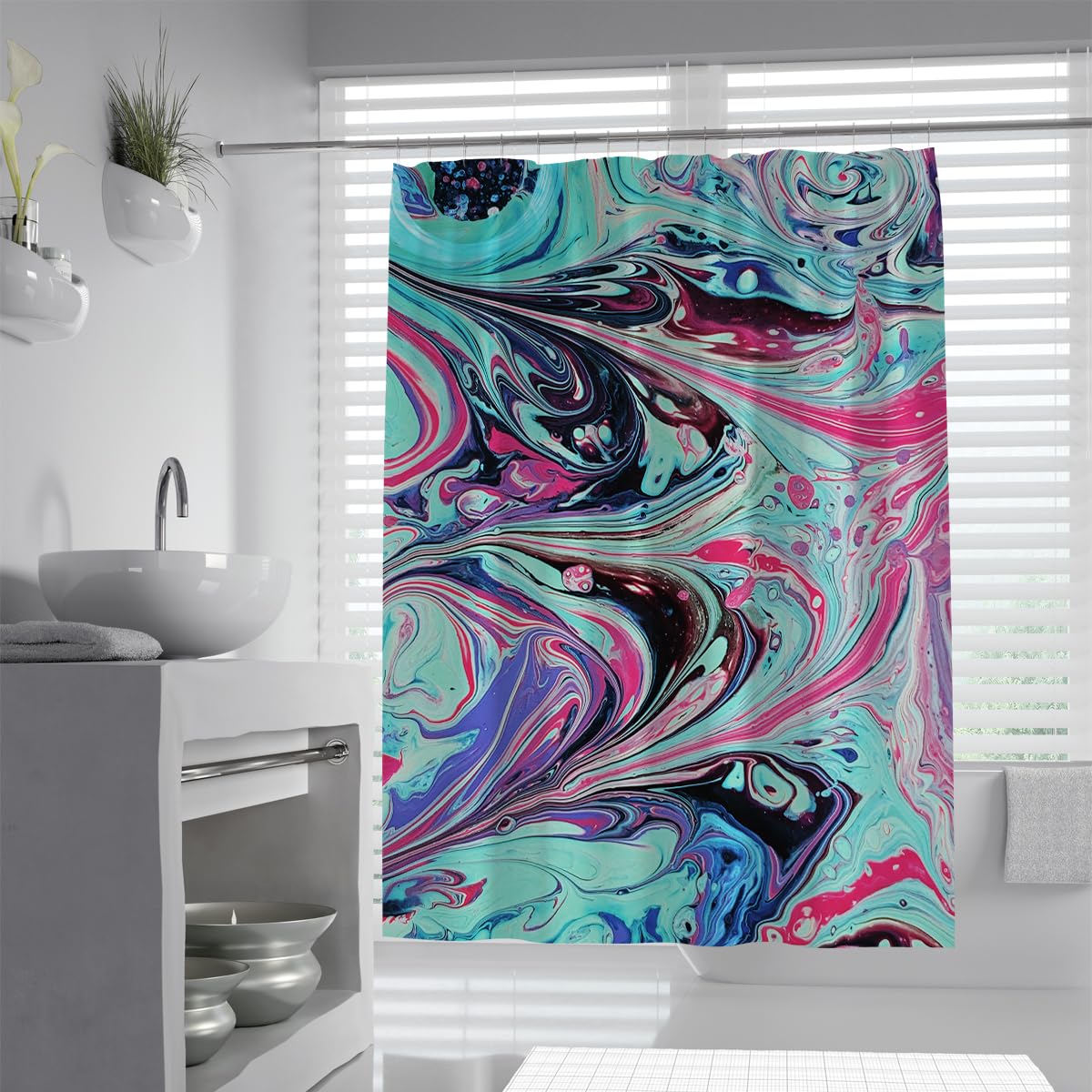 UIRINGART Surrealism Shower Curtains W120xL200cm Turquoise Magenta Pink Swirl Liquid Agate Lines Pattern Mildew Mould Resistant Polyester Fabric Bathroom Wet Rooms