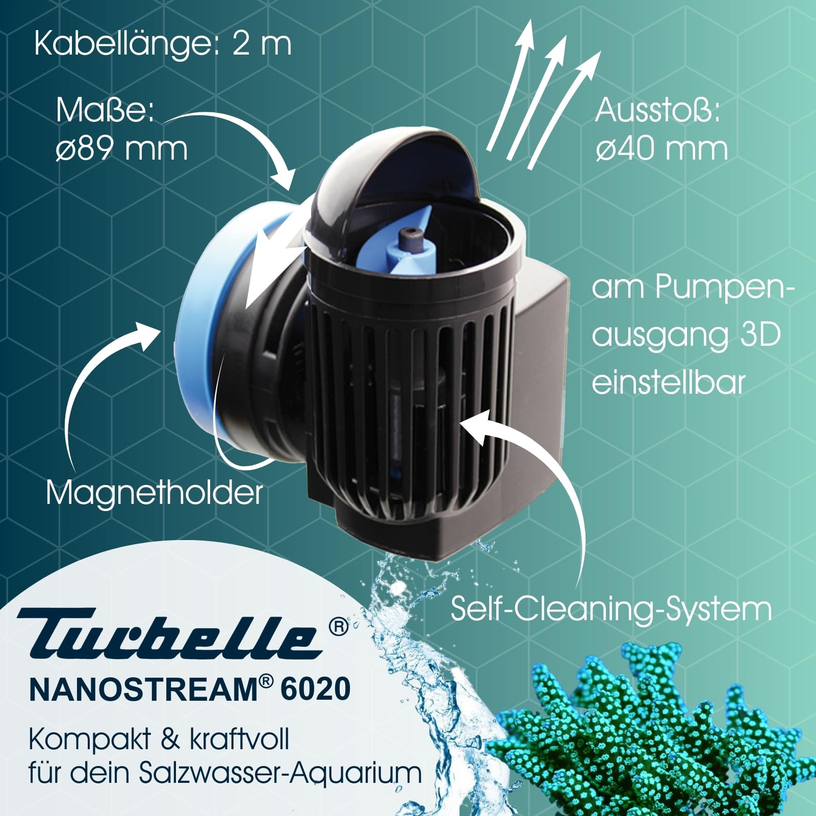 TUNZE Strömungspumpe Turbelle nanostream 6020 I Pumpe mit 2.500l/h Stömungsleistung I Propellerpumpe mit Magnet Holder & Silence Klemme bis 12mm Glasstärke I Wasserpumpe für Aquarien