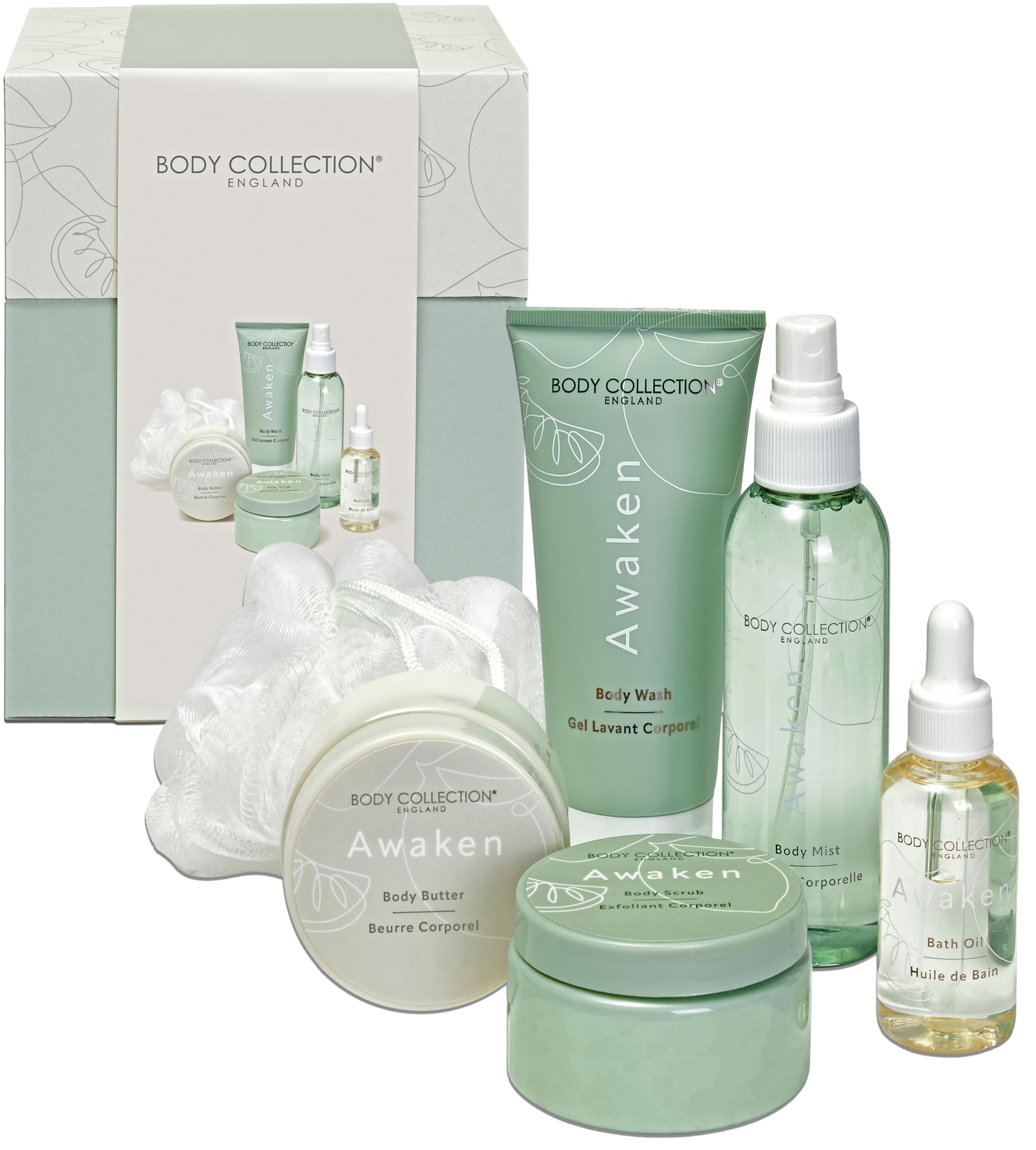 Awaken Skincare Gift Box – Body Butter, Scrub, Bath Oil, Wash, Mist & Sponge – Lime Basil & Mandarin Fragrance – 100% Vegan & Cruelty-Free - Luxury Pampering Gift Set for Her