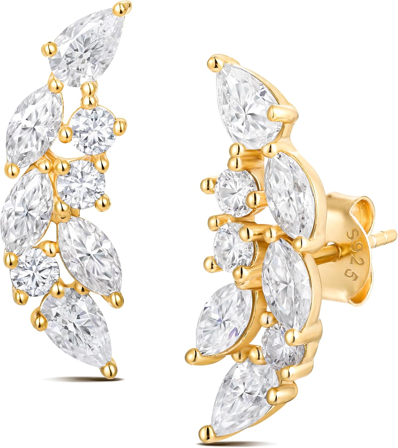 D Color VVS1 Clarity Moissanite 20mm Leaf/Bezel Crawler Stud Earrings for Women, 925 Sterling Silver with Gold Plated, Hypoallergenic Cartilage Earrings, Valentines Birthday Anniversary Wedding Gifts