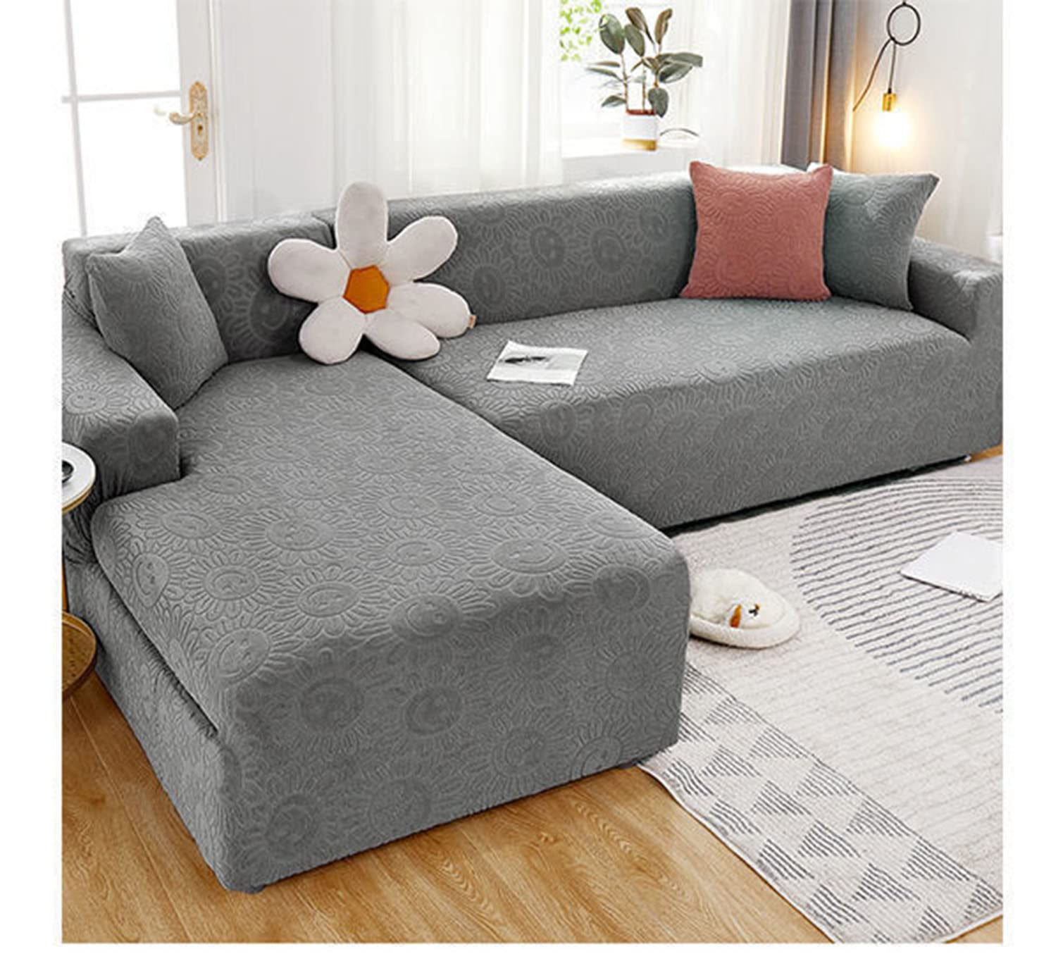 Housse de canapé jacquard extensible 4 places gris extensible 235-300 cm