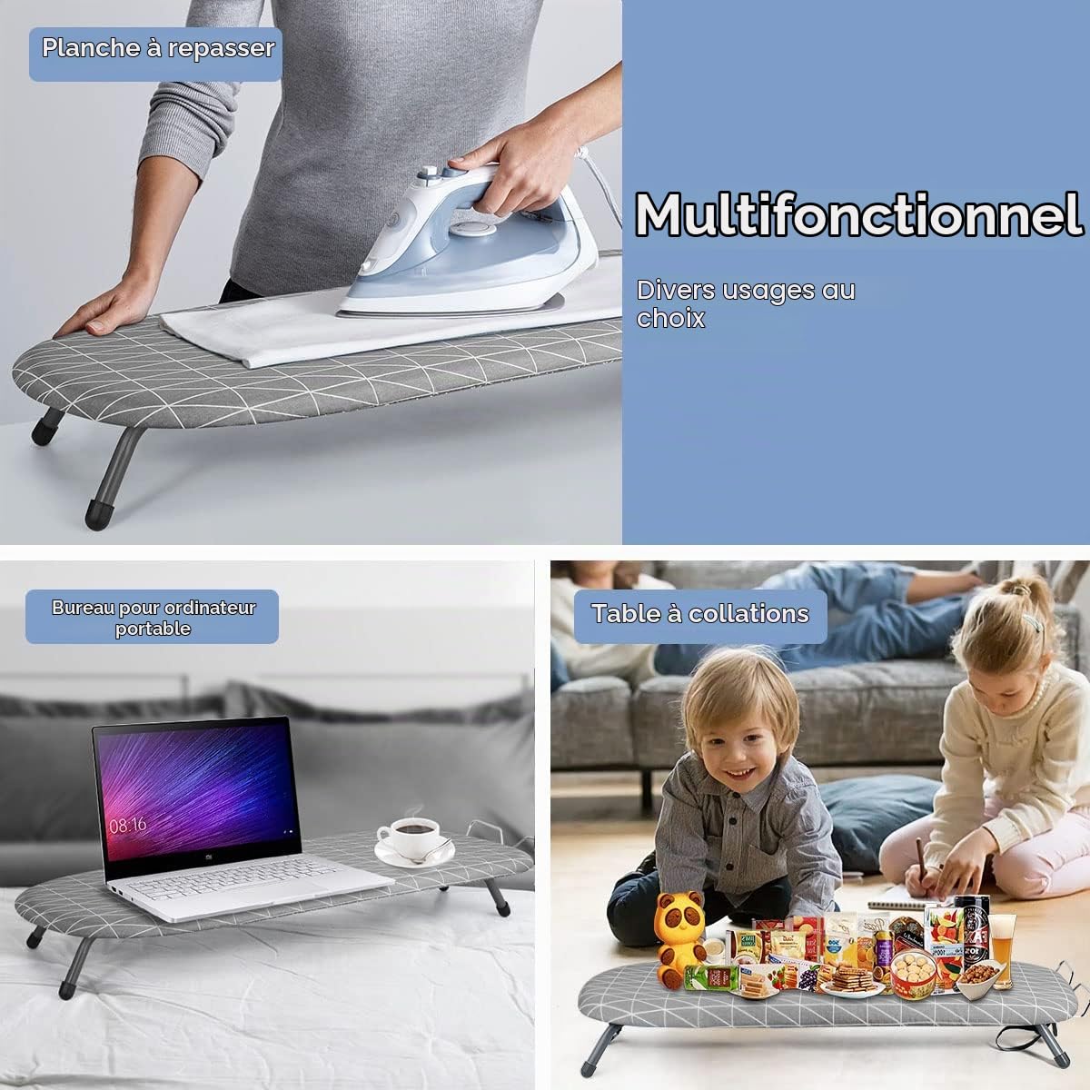 Johgee Table à repasser pliable avec repose-fer,Table à repasser compacte et pliable avec 2 housses,Pieds pliables antidérapants,Légère,Peu encombrante,Idéale pour appartements et caravanes,82x32 cm