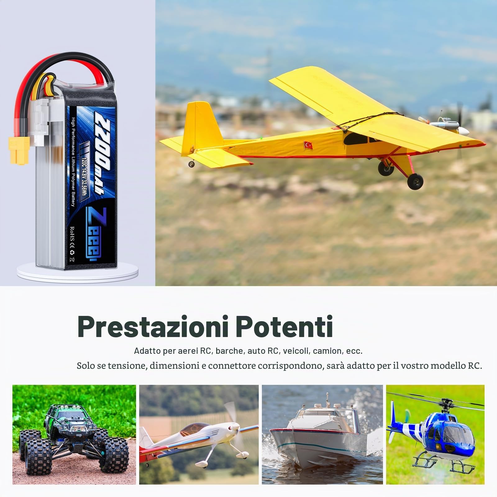 Zeee 4S Lipo 14,8V 120C 2200mAh Batteria con Connettore XT60 (2 pezzi) | Batteria RC per FPV Racing UAV Drone Veicolo a quattro assi elicottero RC Nave Veicolo Modells