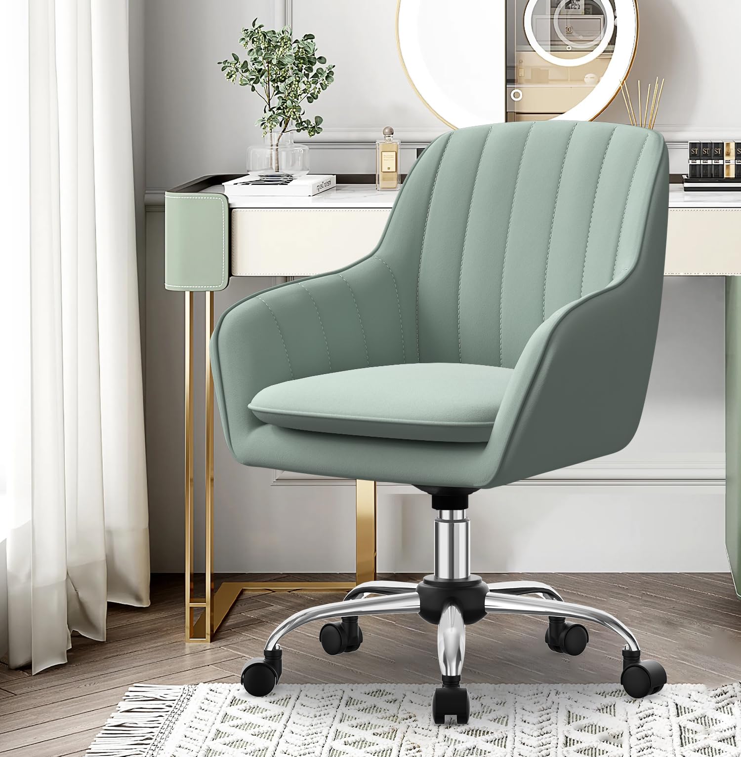 Schreibtischstuhl,Bürostuhl mit gepolstertem Samtstoff,Schminktisch Stuhl,höhenverstellbar Drehstuhl,Homeoffice Stuhl bis 150 kg belastbar,für Arbeitszimmer, Schlafzimmer, Büro,Erbsengrün