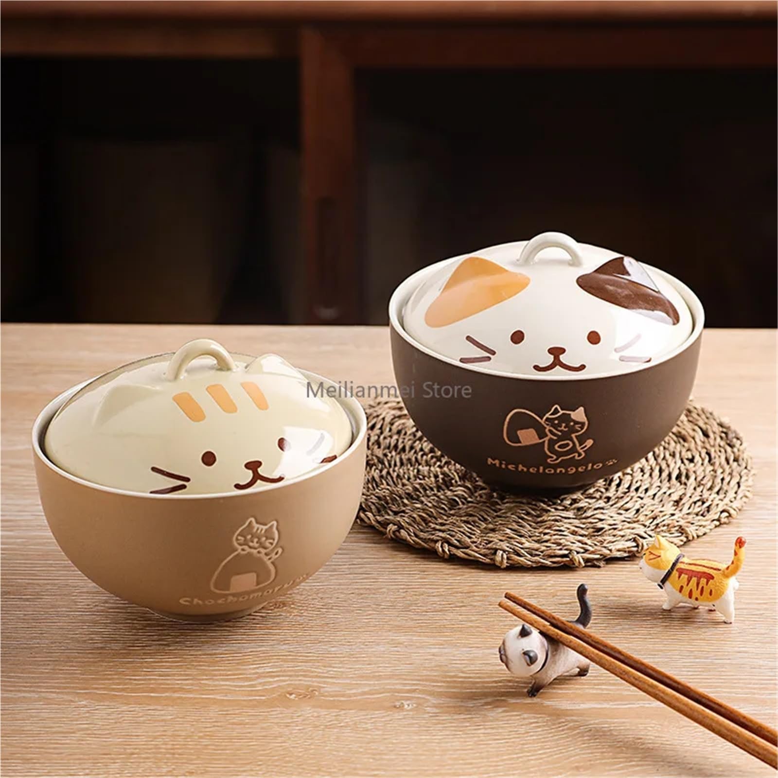 Bol à soupe japonais créatif en céramique avec couvercle, motif chat mignon de dessin animé, multi-usage pour nouilles instantanées, riz, vaisselle domestique (As)