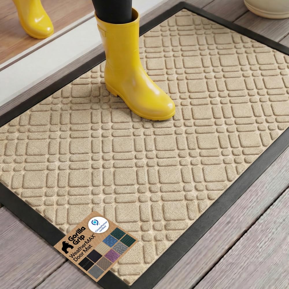 GORILLA GRIP 100% Waterproof All-Season WeatherMAX Doormat US Designed Natural Rubber, Stain and Fade Resistant, Low Profile Indoor Outdoor Door Mats,