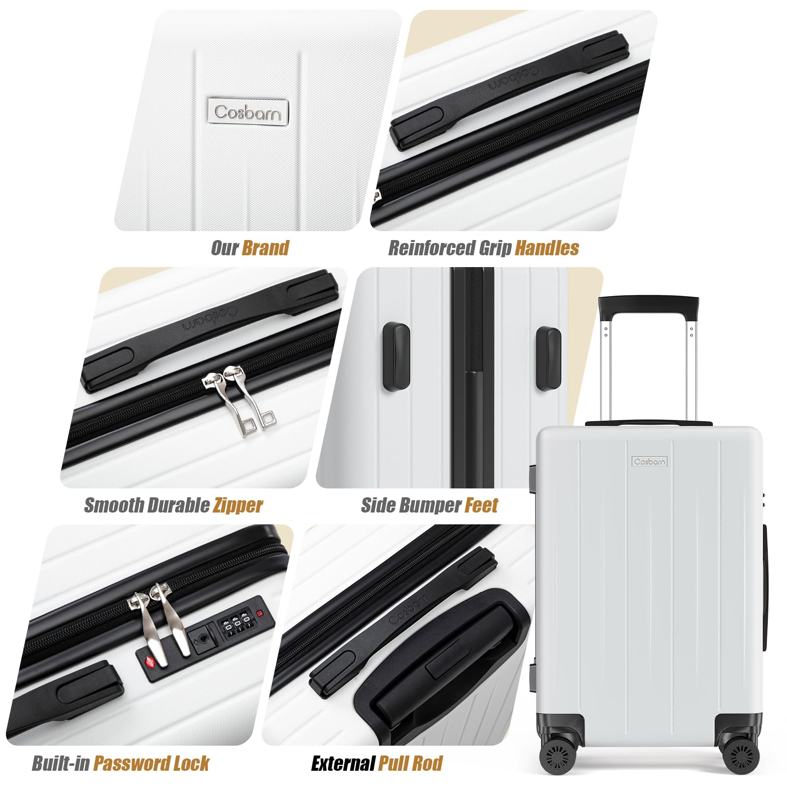 Cosbarn Bagaż podręczny 22 x 14 x 9 zatwierdzony przez linie lotnicze, 50 cm walizki z kółkami, szeroki uchwyt, twarde walizki z PC, lekki bagaż podróżny z cichymi kołami obrotowymi i zamkiem TSA,