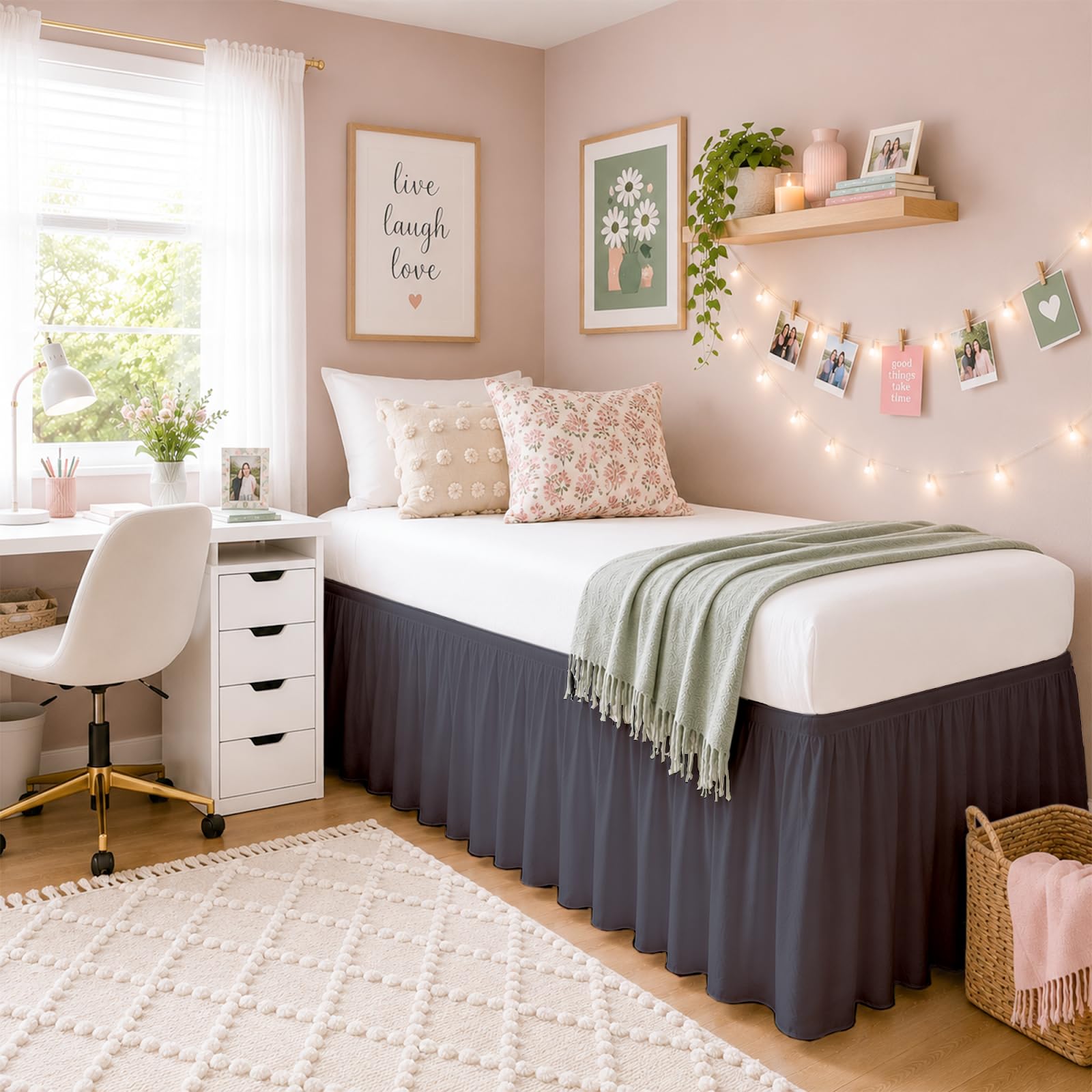 Bed Skirt for Dorm Room, Ruffled Dorm Sized Bed Skirt, Three Fabric Sides College Dorm Bed Skirt, Extra Long Dorm Room Bed Skirt, 34 Inch Tailored Drop-Twin-XL, Dark Grey Solid-image-40