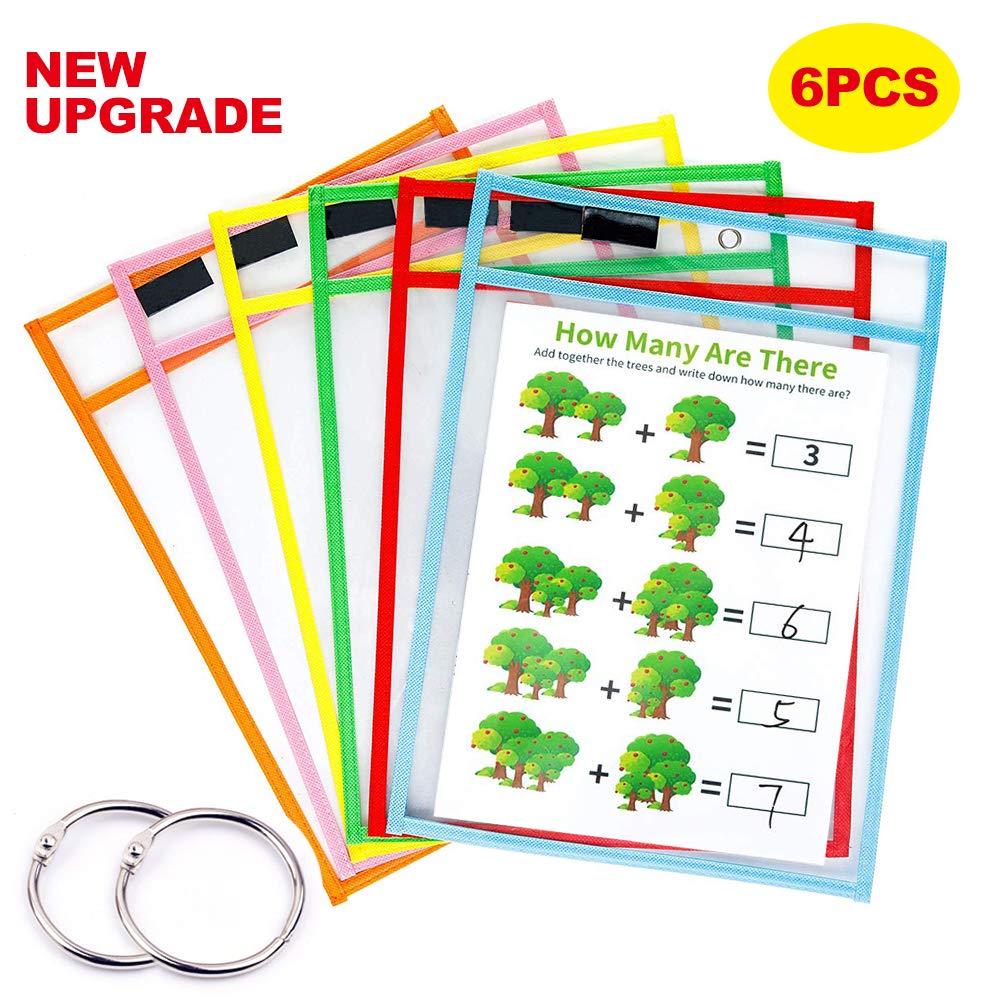 Dry Erase Pockets Reusable Sleeves Clear Plastic Sheet Protectors with 2 Rings for Classroom Organization, Teacher and School Supplies, 6 Pack