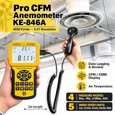 CFM Anemometer Handheld Air Flow Meter, Kethvoz Digital HVAC Wind Speed Gauge Measuring Airflow Windspeed Velocity Temperature w/MAX/MIN/AVG, Data Record, Industrial Anometer KE-846A