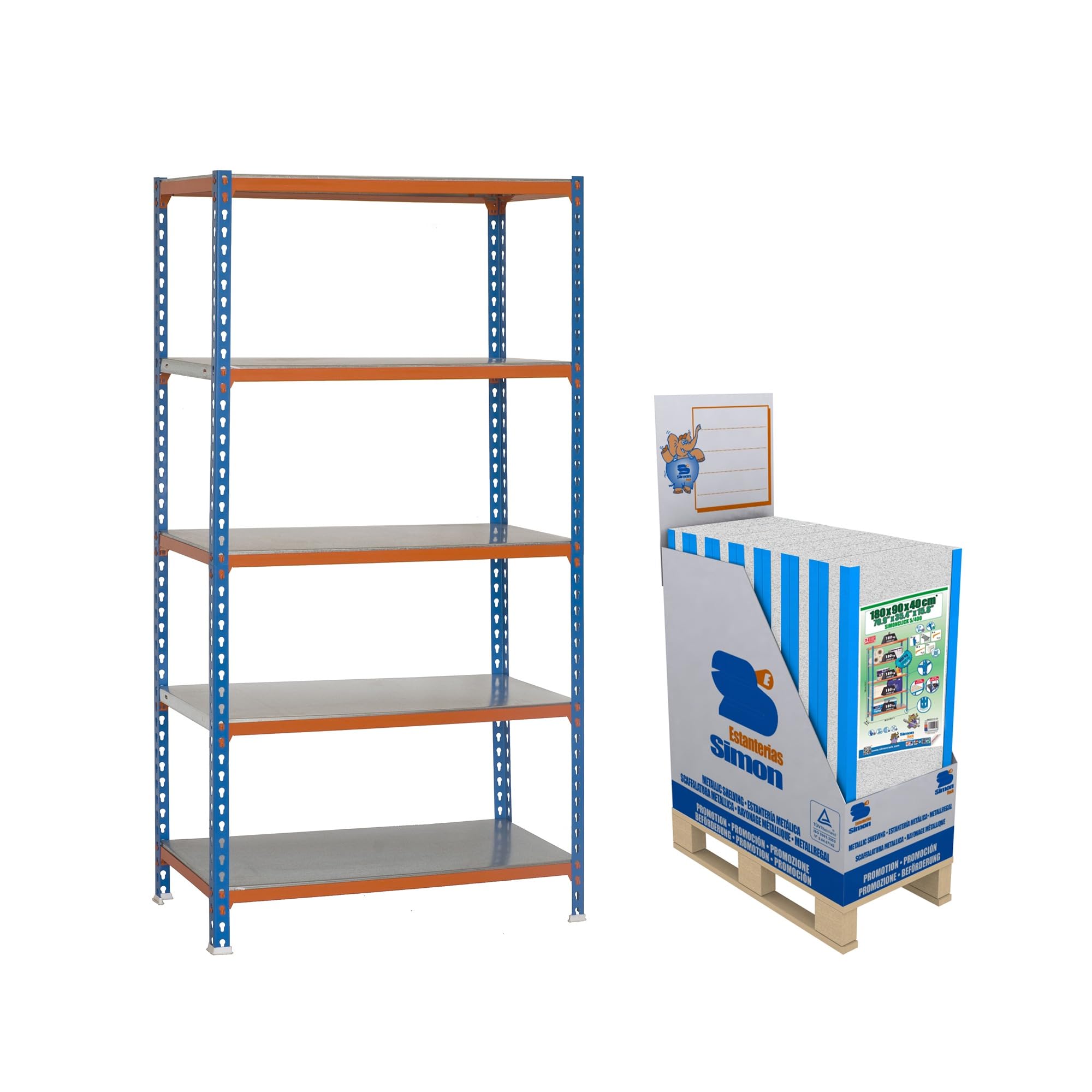 Simon Rack Estanterias Metalicas, Pack 9 Unidades, 2000x1200x500 mm, 5 Estantes Madera, 200 kg de Punto Flexión, Estanterias Almacenaje, Azul/Naranja/Madera - Maderclick