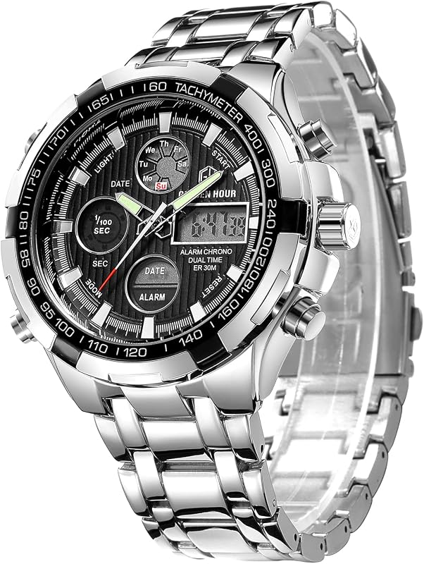 GOLDEN HOUR Relojes digitales analógicos de acero inoxidable de lujo para hombres, reloj de pulsera grande y pesado resistente al agua para deportes al aire libre