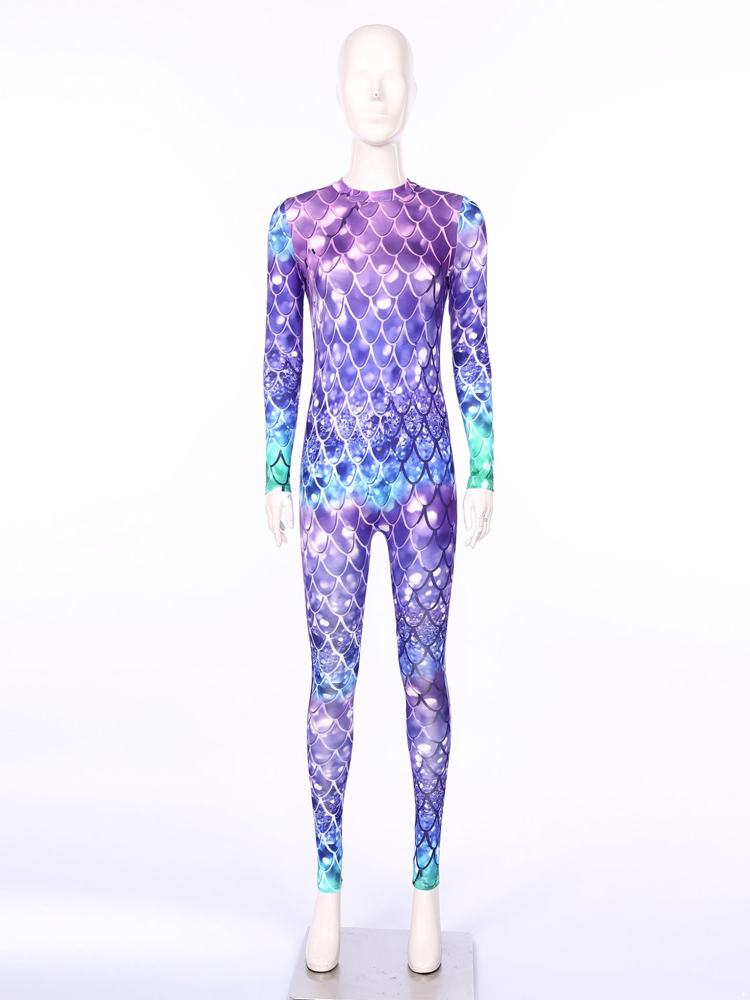 Mono Largo de Gimnasia Rítmica Body Mujer Cuello Alto Mangas Largas con Estampado Escamas de Pescado Mono de Danza Jumpsuit Deportivo