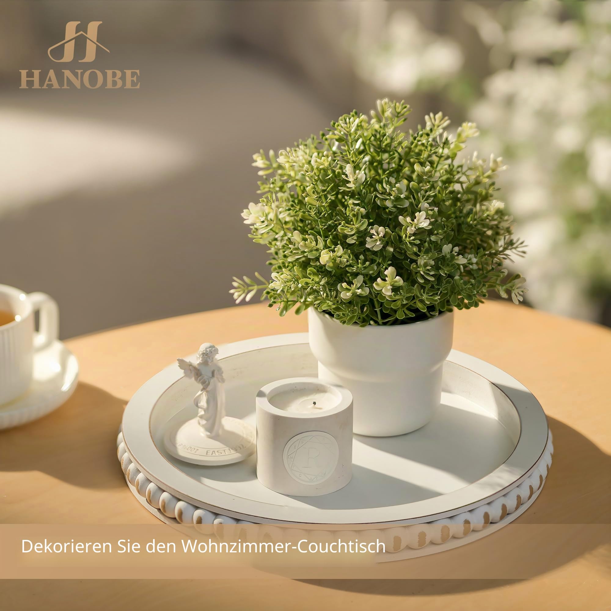 Hanobe Deko Tablett Rund Holztablett: Landhaus Tabletts Weiß Gealtert für Wohnzimmer Couchtisch 30cm Shabby Chic Holz Dekoteller mit Perlen für Küche Esstisch