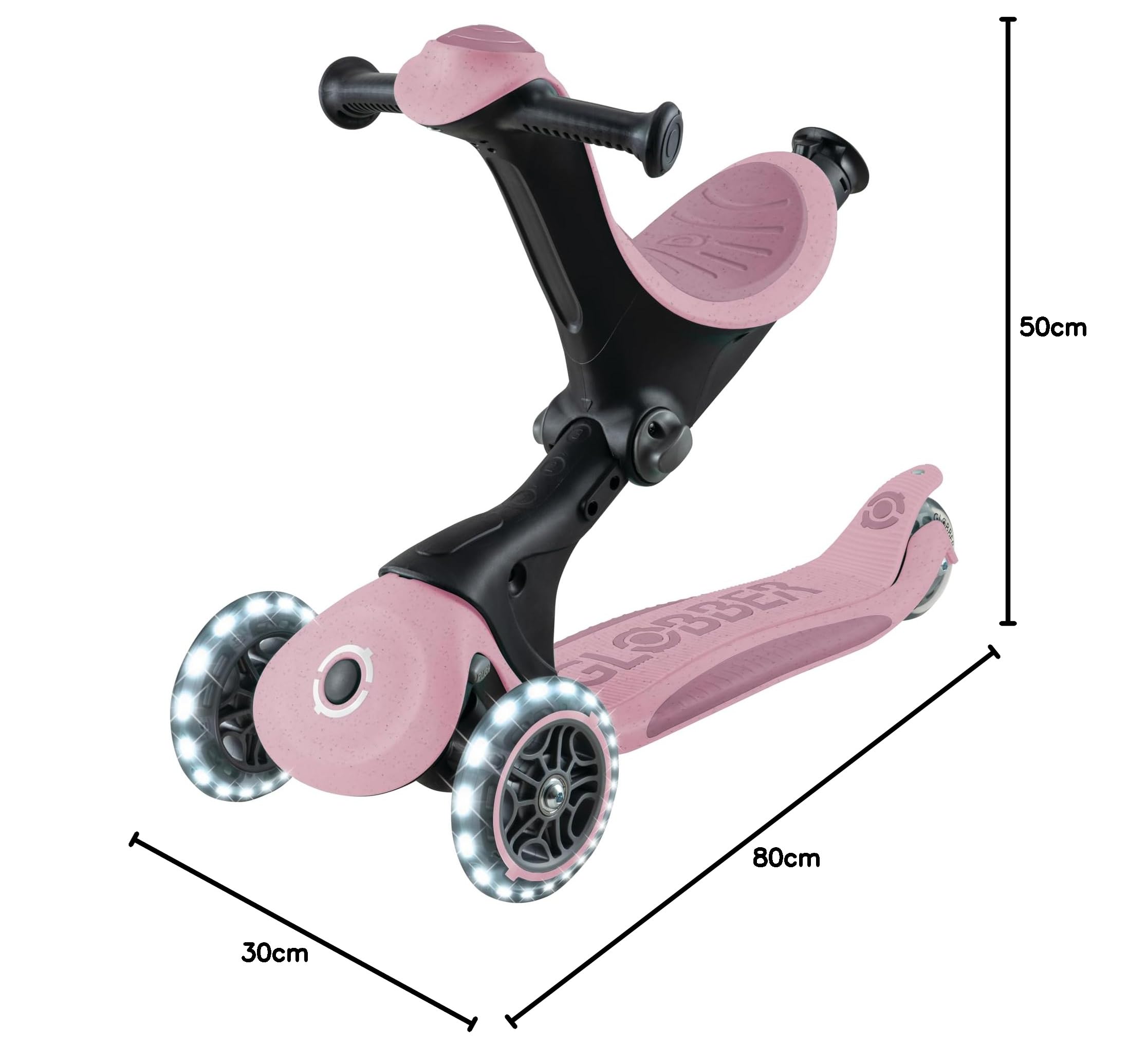Globber - GO•UP DELUXE LIGHTS ECO 360 - monopattino evolutivo a 3 ruote con seduta girevole a 360°, poggiapiedi, luci LED e materiali sostenibili, per bambini da 15 mesi a 6 anni - rosa bacca