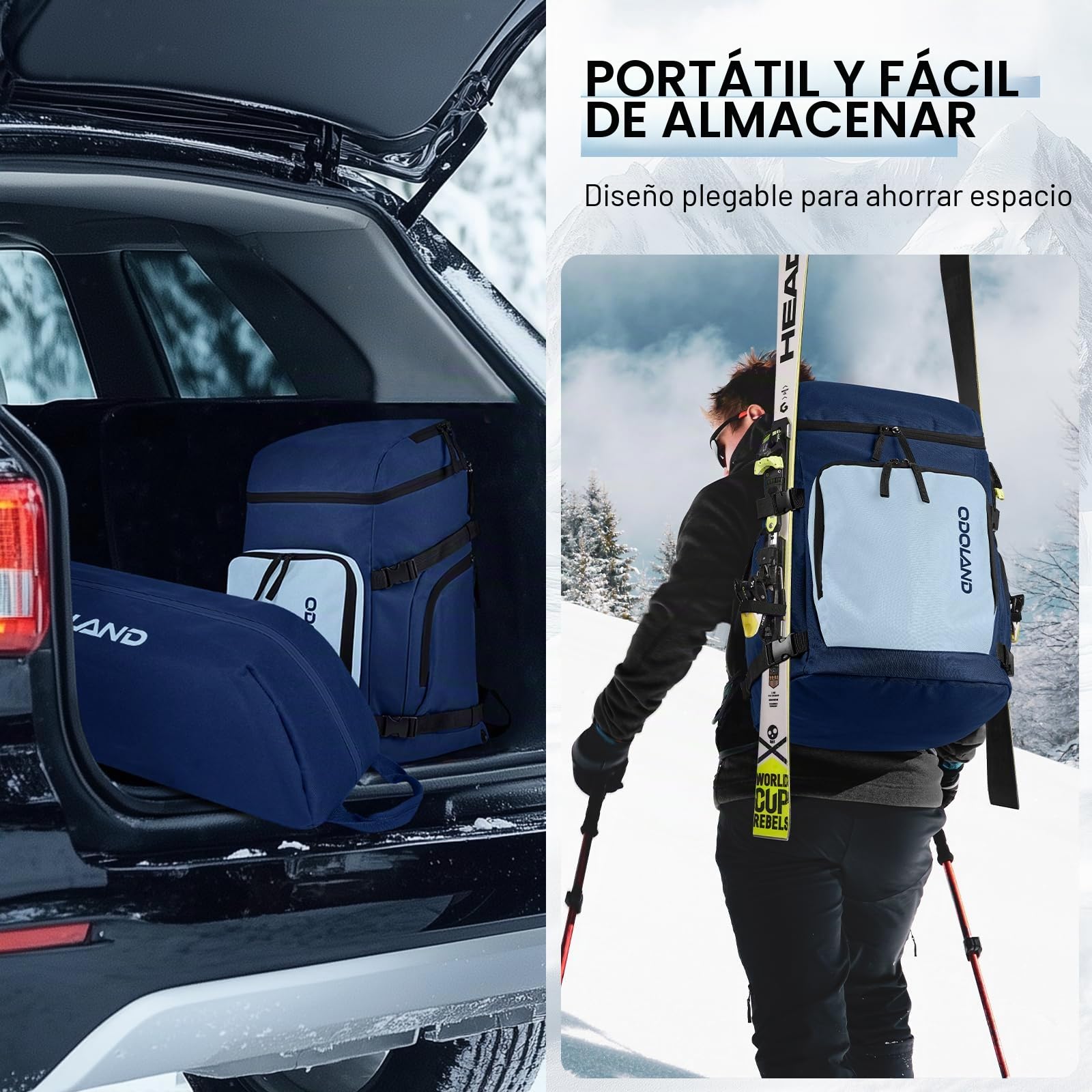 Odoland Bolsa de Esquí y Mochila para Botas 55 L Bolsas Acolchadas para Esquís y Botas de Esquí para Viajes en Avión, Bolsa Impermeable para Guardar y Transportar Equipo de Esquiar de 200 cm