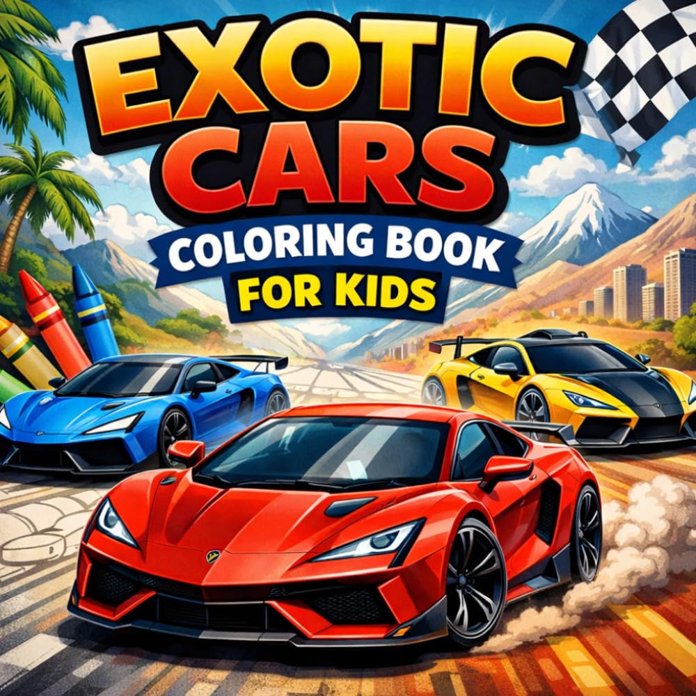 Exotic Cars Coloring Book for Kids: 50 Fun and Amazing Supercar Coloring Pages for Boys and Girls | Single-Sided Pages | 8.5 x 8.5 Inch Car Activity Book for Kids