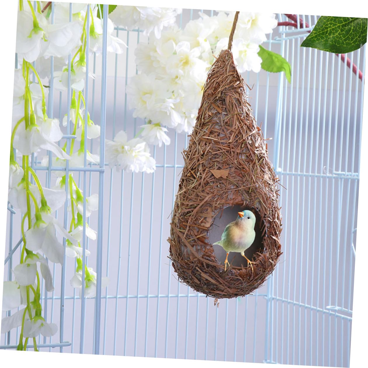 Casa Colgante para Pájaros Artificial de Paja 3 Piezas | Forma de Gota, para Exterior E Interior, Mezcla Paja-plástico, Refugio Decorativo Tejido a Mano
