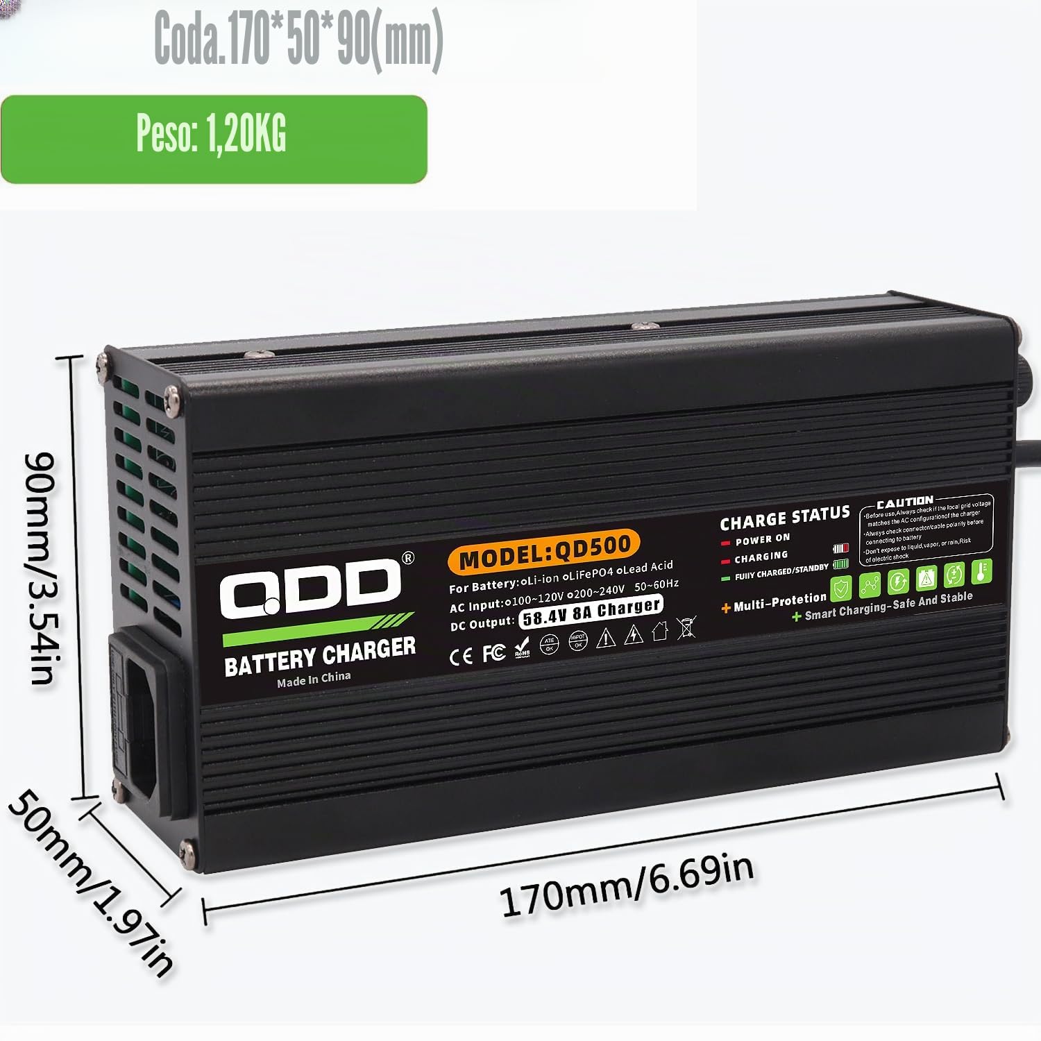 Caricabatterie LiFePO4 da 58,4 V 8 A per batteria LiFePO4 16S 48 V, alloggiamento in alluminio nero con protezione di sicurezza per sistema di raffreddamento, connettore a coccodrillo DC