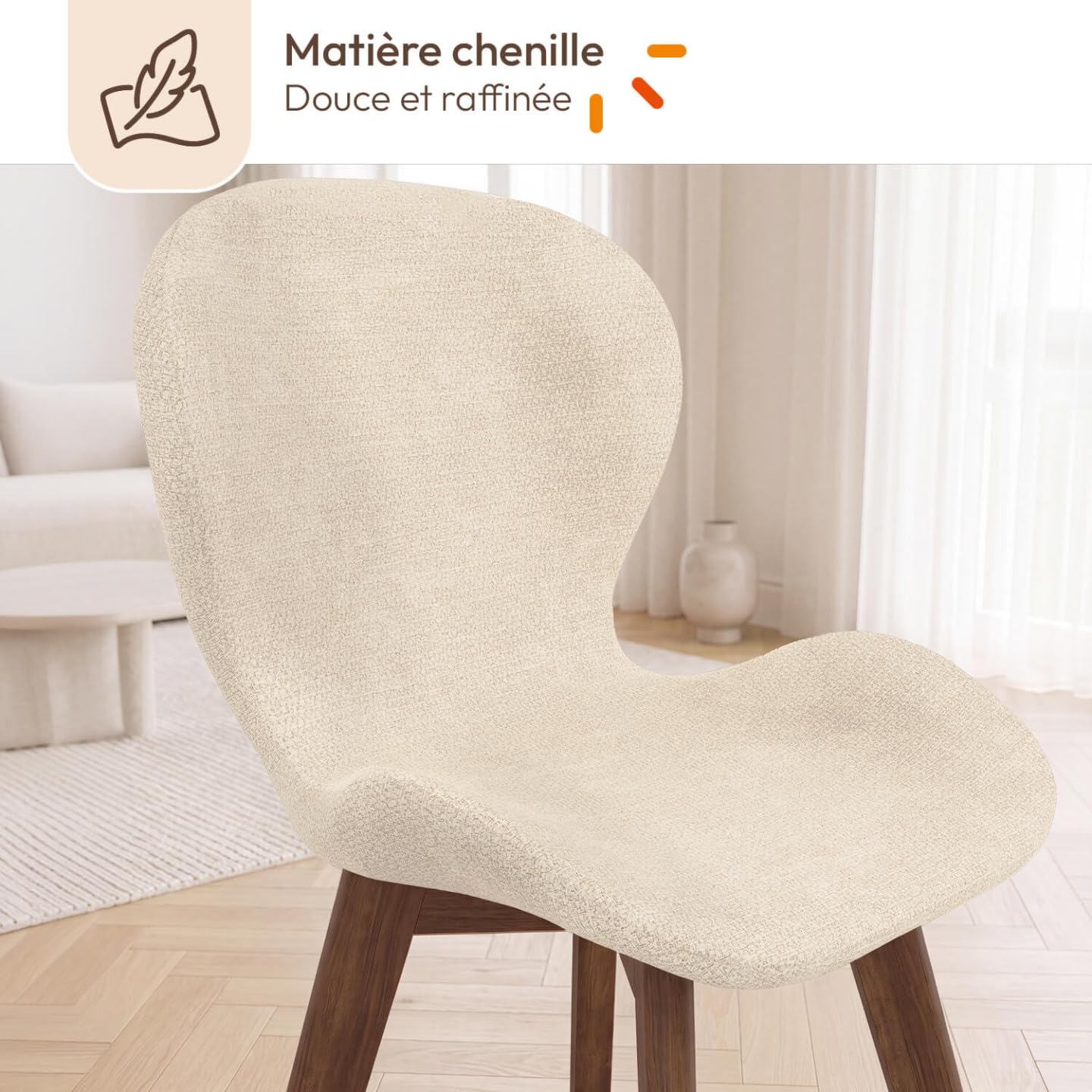 IDMarket - Lot de 6 chaises ROBINE en Tissu Chenille Beige Pieds Noyer