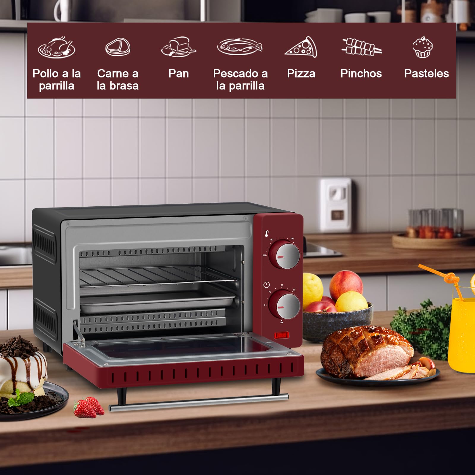 WOLTU Horno Electrico Pequeño10 L, 650 W, Control de Temperatura 100-230℃ y Temporizador 0-60 Minutos, con Bandeja y Rejilla, Rojo+Negro