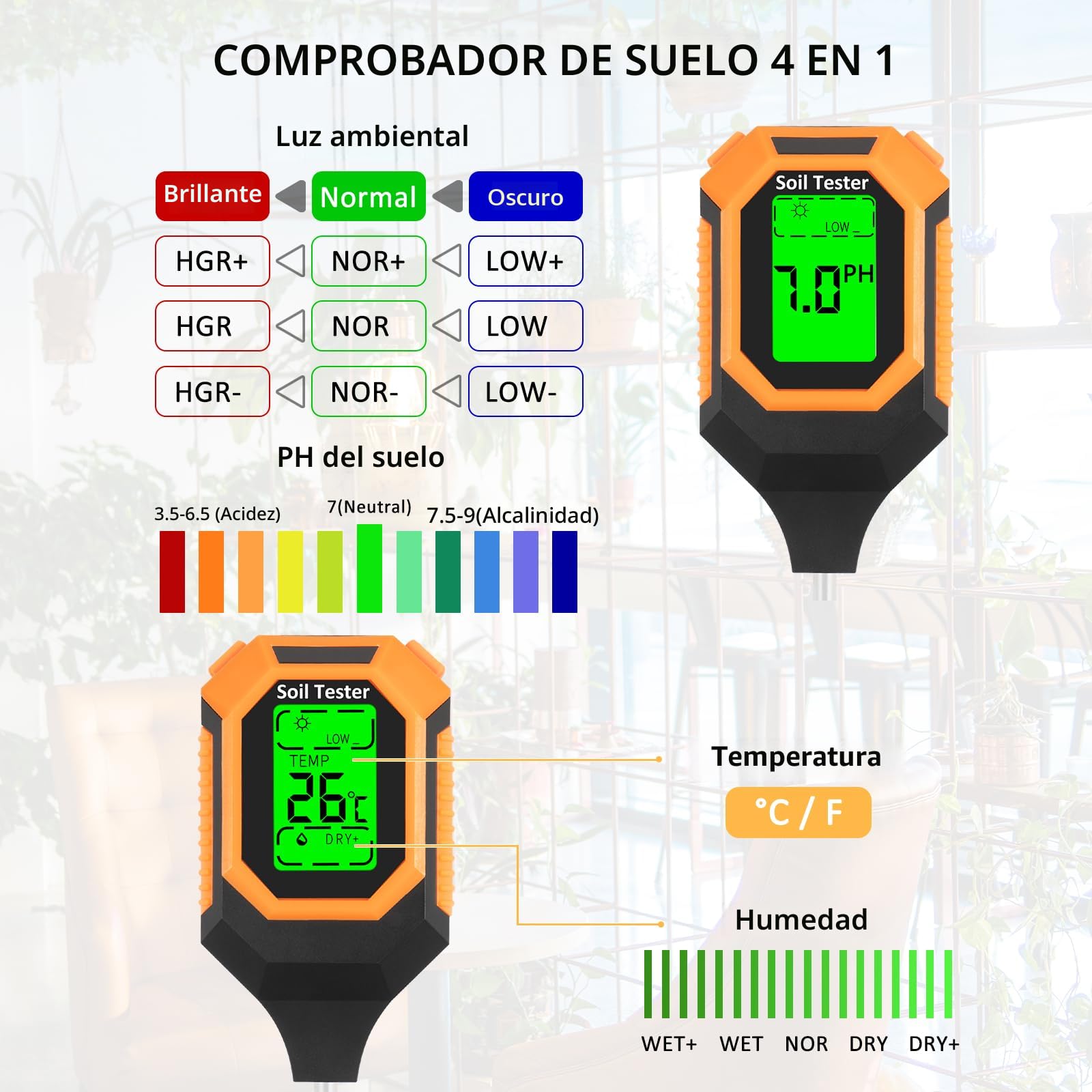Medidor De Suelo 4 En 1: Humedad, PH, Temperatura Y Luz Solar Con Pantalla LCD Para Plantas De Interior Y Jardín