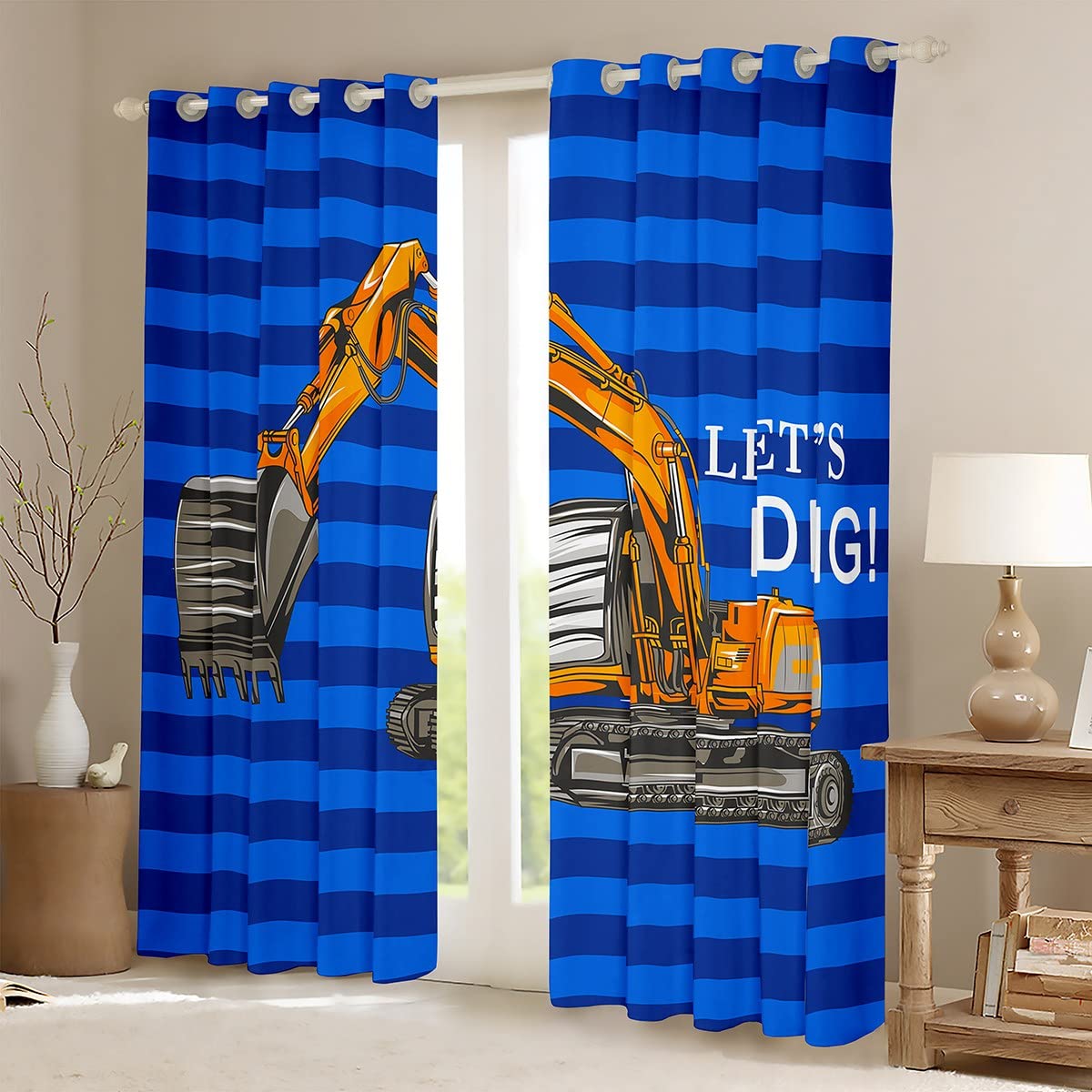 Excavadora para niños, Cortinas de construcción, Camiones, Cortinas de Ventana, Rayas Azul Oscuro, Naranja, Coches, Cortinas de Ventana para Dormitorio, Sala de Estar, maquinaria Pesada, tratamientos