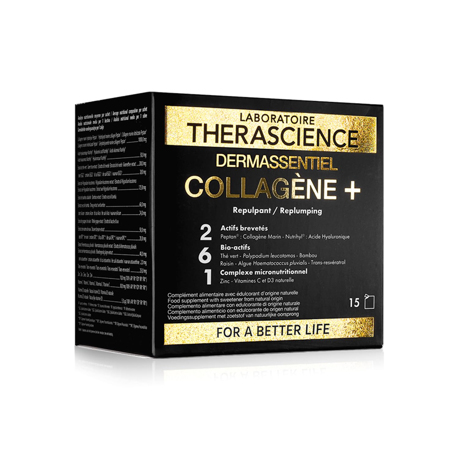 DERMASSENTIEL COLLAGÈNE+ | Repulpe & Raffermit | 10g de Collagène marin hydrolysé Peptan® | Acide hyaluronique Nutrihyl®| 6 Bio-actifs | Zinc + Vitamine C | 15 sachets | Laboratoire THERASCIENCE