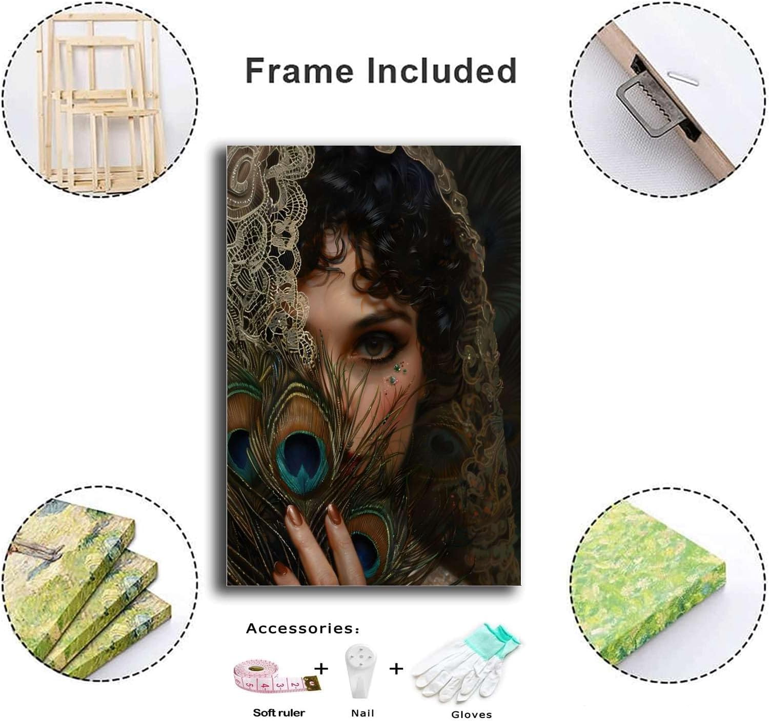 Wall Art Canvas Print Peacock Feather Fan Victorian Art Poster Print vintage woman Print victorian art Living Room and Bedroom Decoration 12x18inch Wood Frame