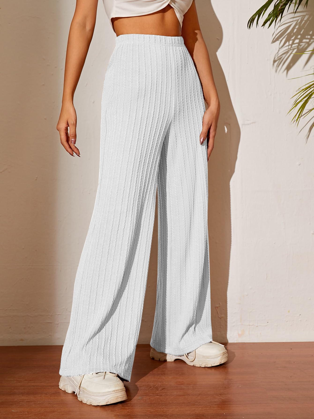 TOPLOT Pantaloni a palazzo da donna in maglia a costine, a vita alta, gamba larga, con elastico in vita, vestibilità dritta e rilassata, casual, ufficio, viaggi e salotto (5252)