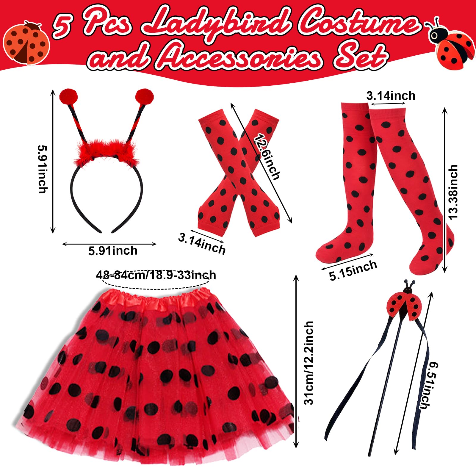 Ladybird Costume Girls 3-7Y, Polka Dot Tutu + Arm Covers + Leg Warmers+Ladybird Headband+Magic Wand - Image 2