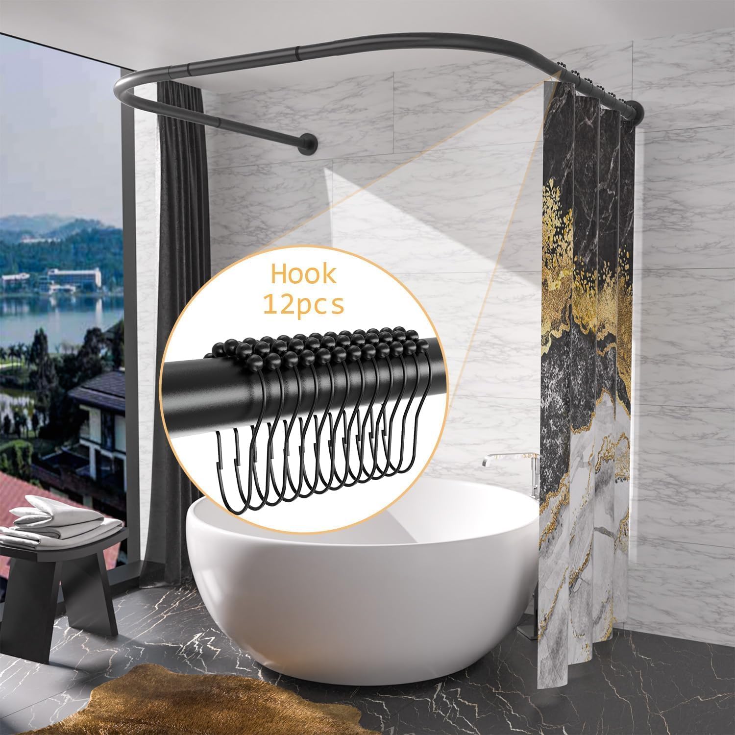 U Shaped Shower Curtain Rod Rack, Size Adjustable (U Shaped, Length on both sides:31.5"-47",Middle width:34.7"-43")