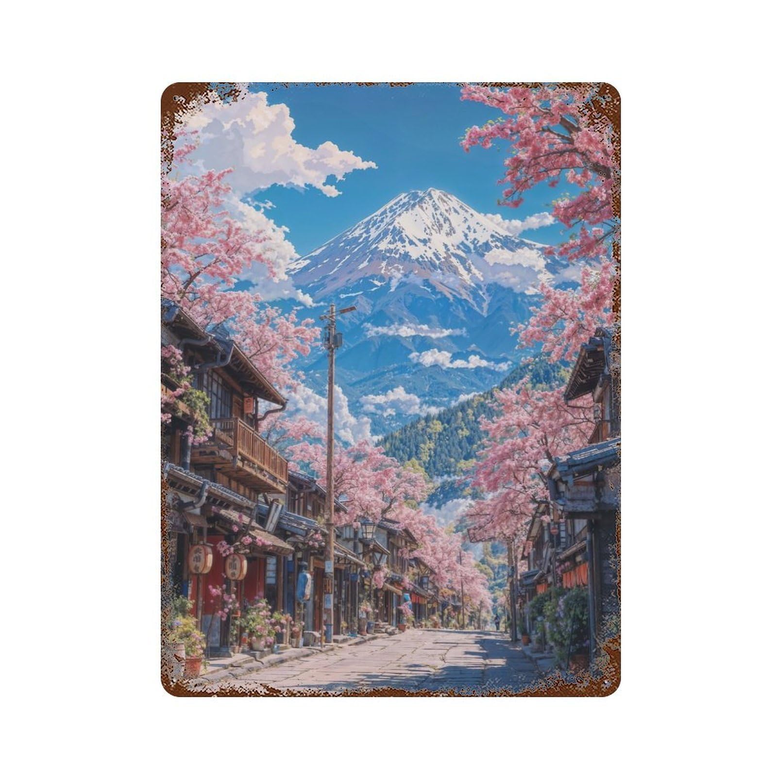 Japanese Sakura Bloom Fuji Vintage Metal Tin Sign 15.7"x11.8", Old School Wall Decor for Living Room, Hallway And Home Decor