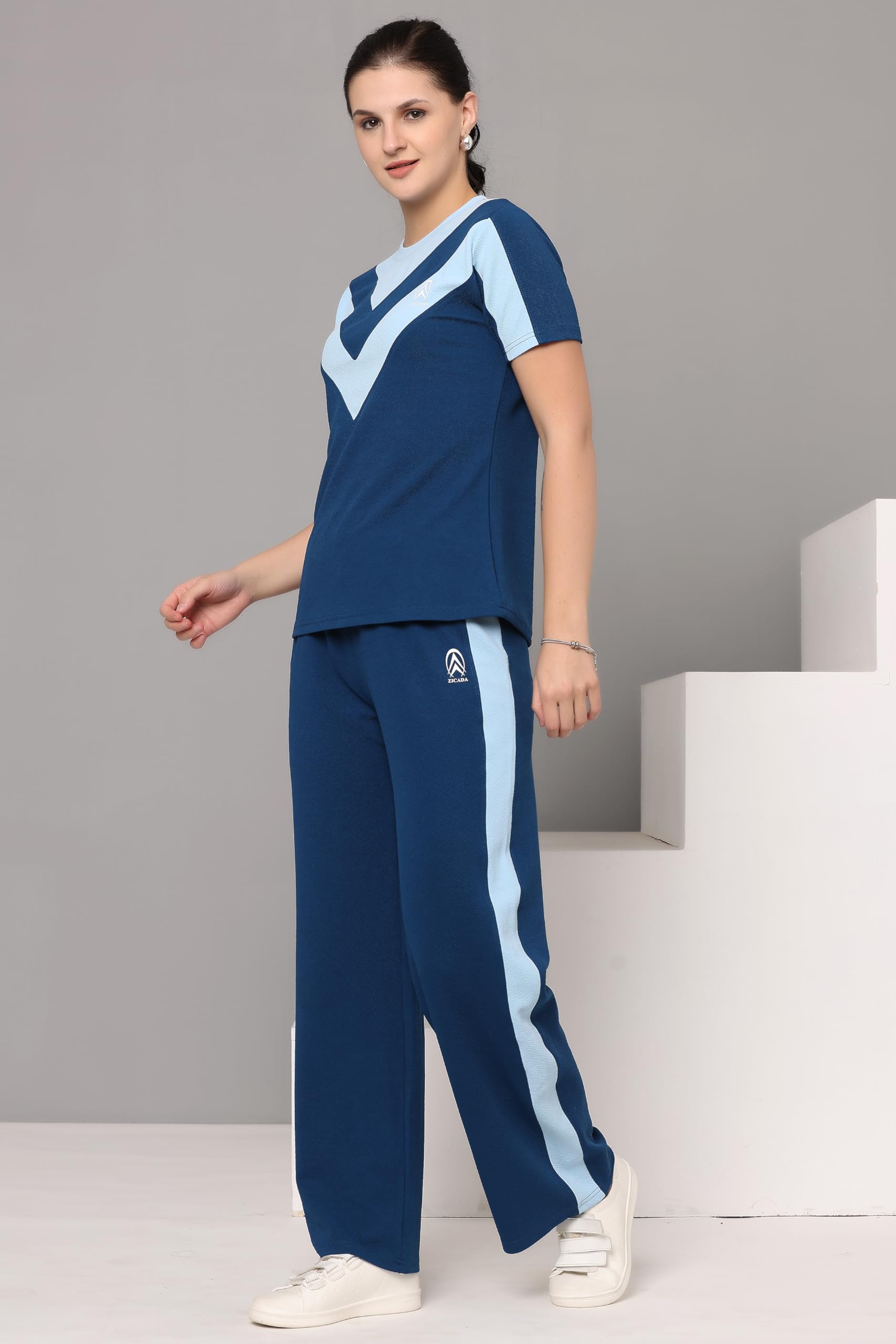 ZICADA® Women's Workout tshirt & Pant | yoga wear | Workout Set | Co-ord Set For Girls & Womens Outfits Round neck Crop Basic Top Cropped wide Leg pants Set Jumpsuits Tshirt Pant Co-ords Set 3