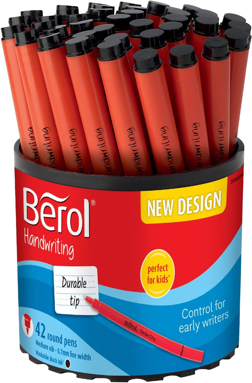 Berol Handwriting Pens, Round Shape, Washable Black Ink, Bright Barrels, Tub of 42