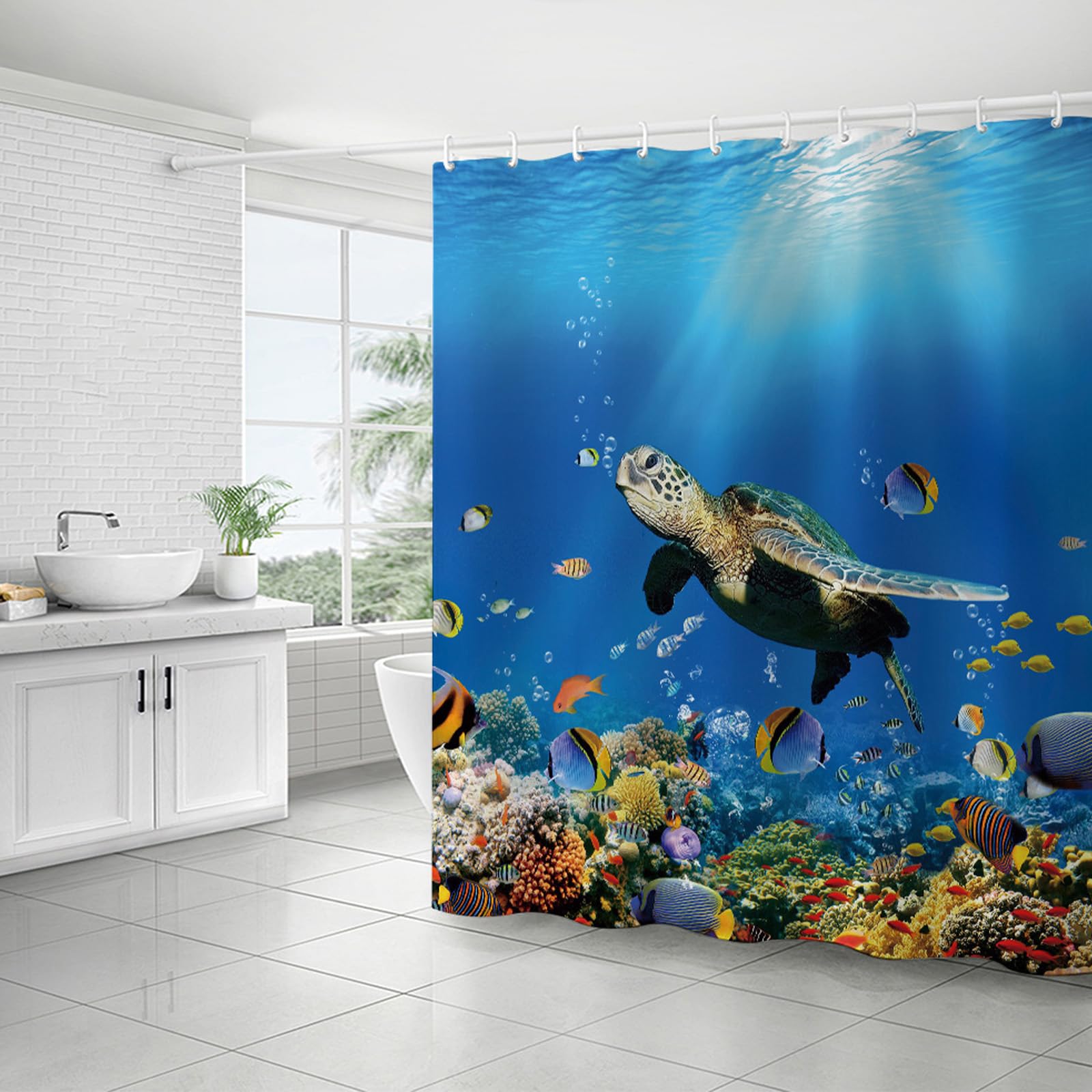 FAIRYGATE Shower Curtain Blue Mould Proof Resistant Waterproof Ocean Waves Bathroom Curtains Quick-Drying Weighted Polyester Shower Curtains for Bathroom Wet Room Tub B9314