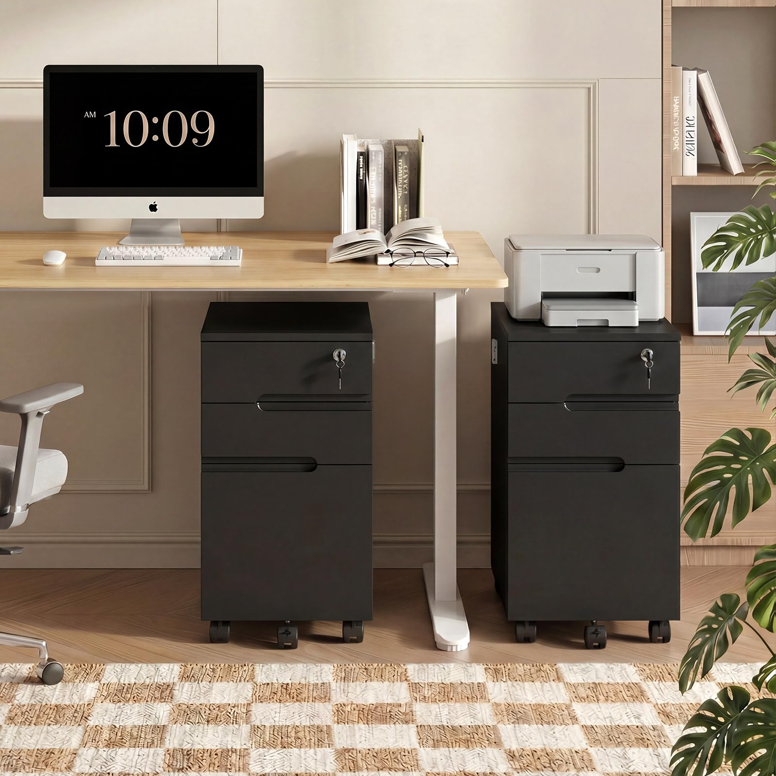 CLIPOP Abschließbarer Rollcontainer, mobiler Aktenschrank mit 5 Rollen & 3 Schubladen, für A4/Letter Hängeregistratur, Schreibtisch unterschrank, Schubladen-Büroschrank für Büro & Homeoffice, Schwarz