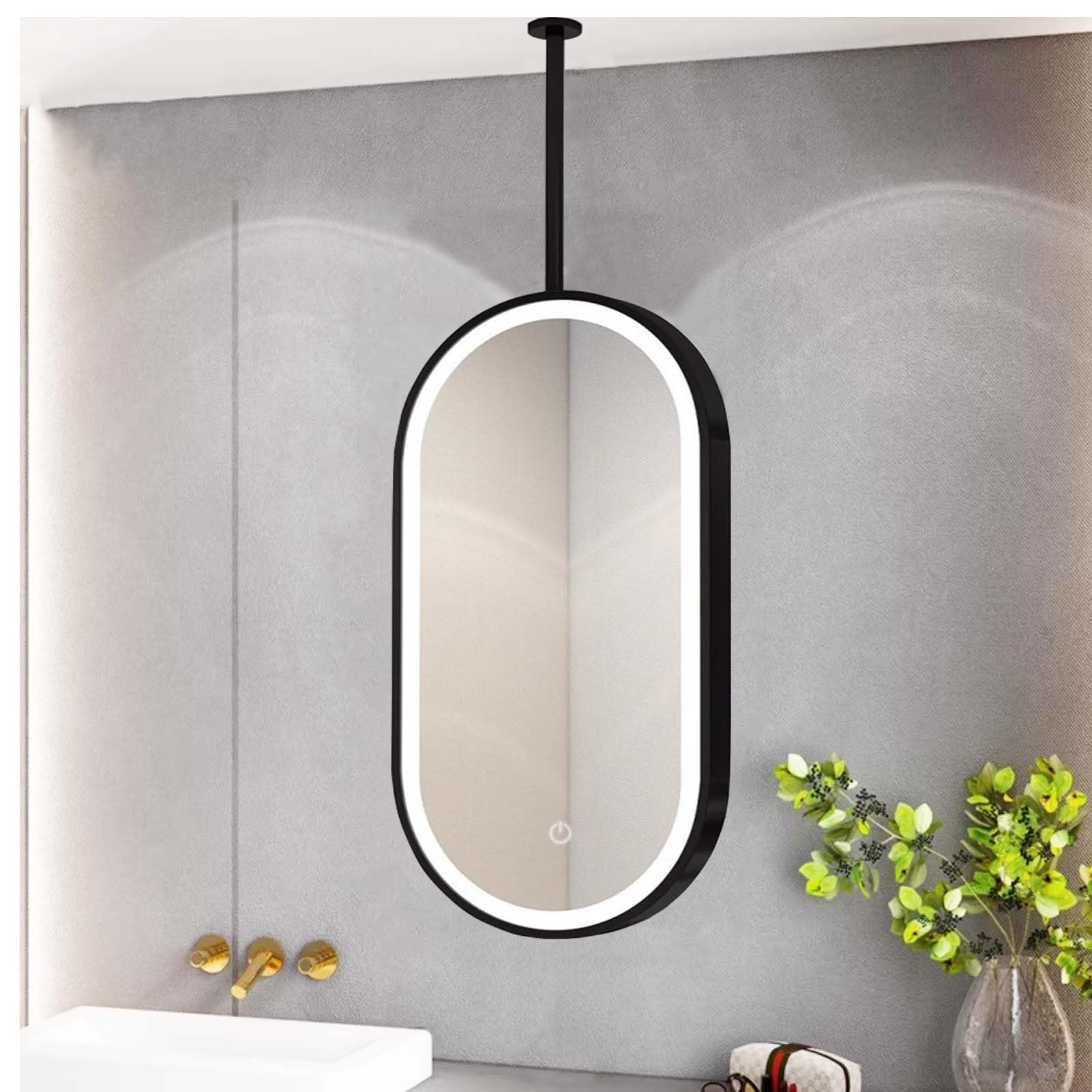SXFSDOU Ovaler LED Bathroom Mirror HD Floating Glass Vanity with Touch Control Cosmetic for Home or Hotel Above Sink Black (50cm x 70cm)