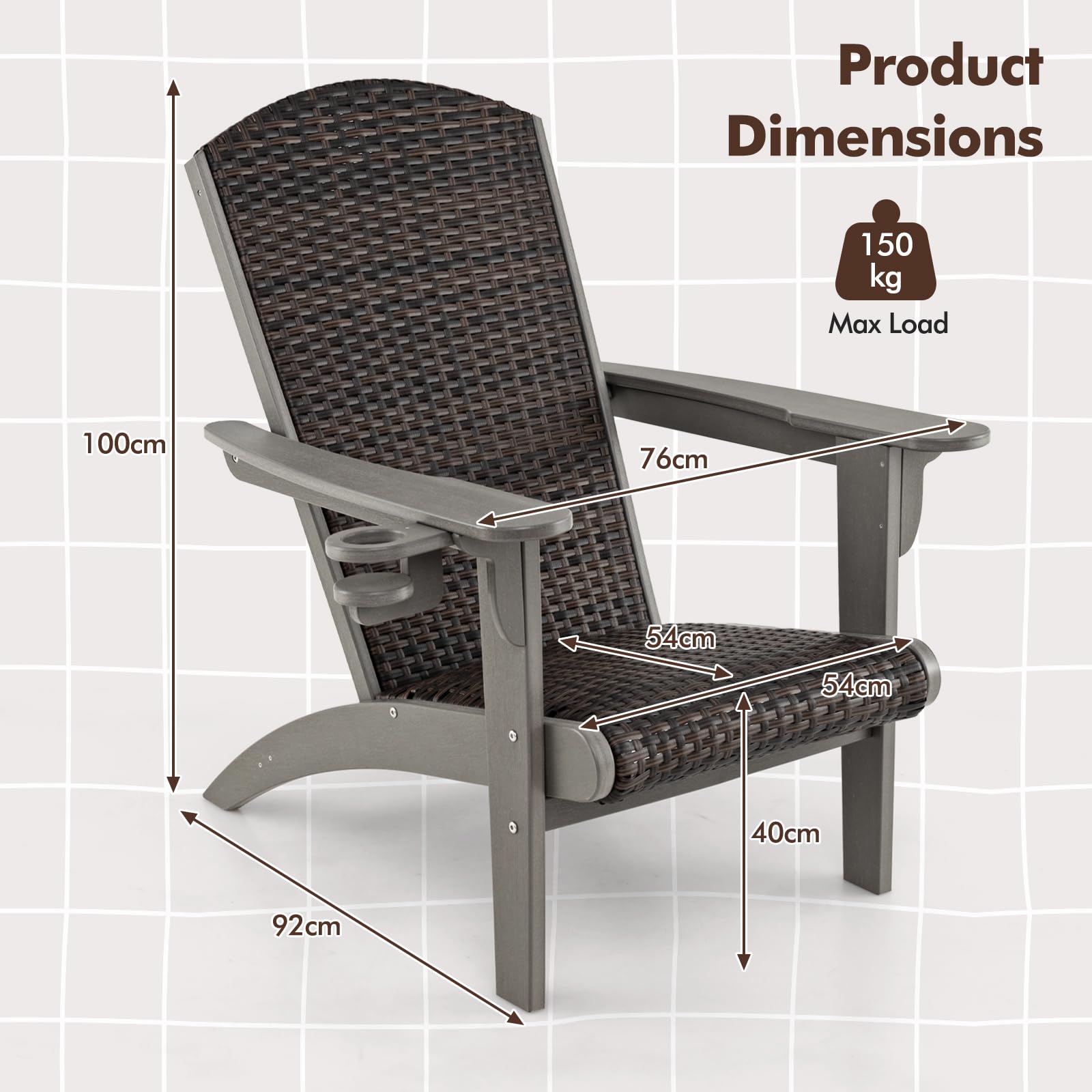 GIANTEX Adirondack Stuhl, Adirondack Chair mit Getränkehalter & gepolsterter Sitzfläche, HDPE-Gartenstuhl für Garten, Balkon, Terrasse, 92 x 76 x 100 cm, belastung bis 150kg (Grau)