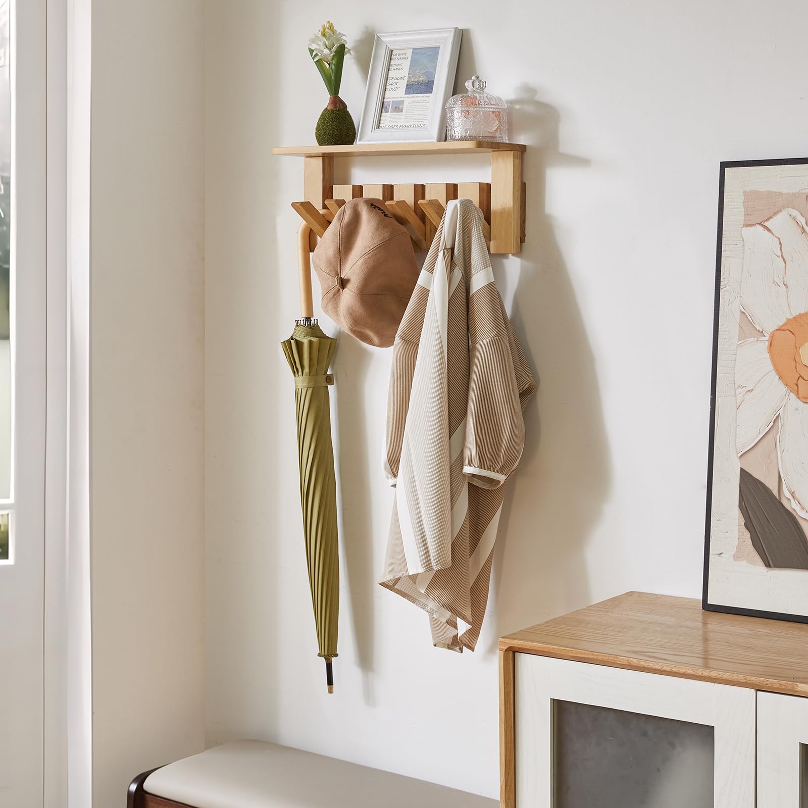 YMYNY Porte Manteau Mural Bois, Lot de 2 Bois Naturel, HWS008N-2 | Patere Murale de Crochets Rétractables pour Salle de Bain, Entrée, Chambre