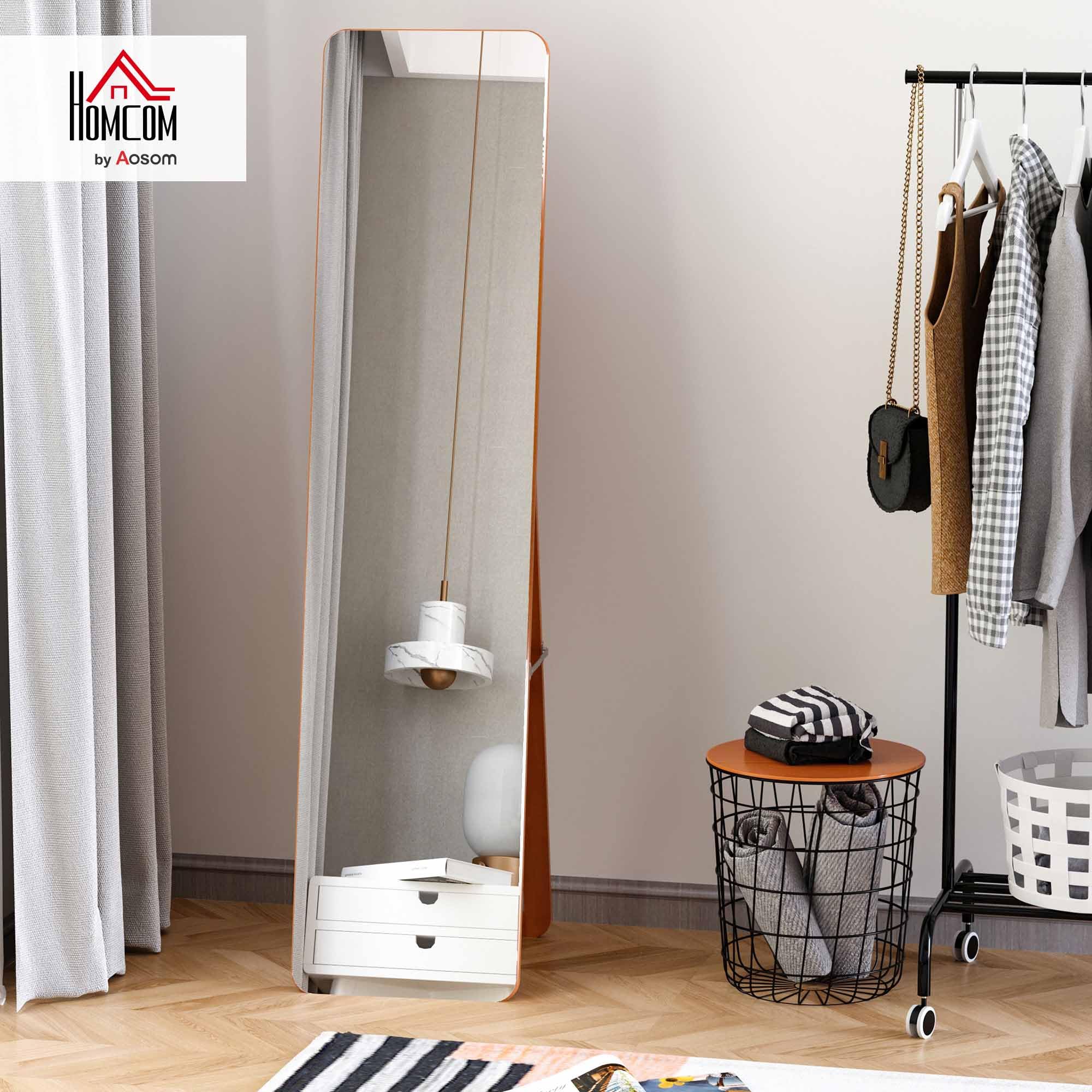 HOMCOM Specchio da Terra e da Parete con Struttura in Legno, Supporto Pieghevole con Cerniera, 37x43x156cm, Noce Chiaro