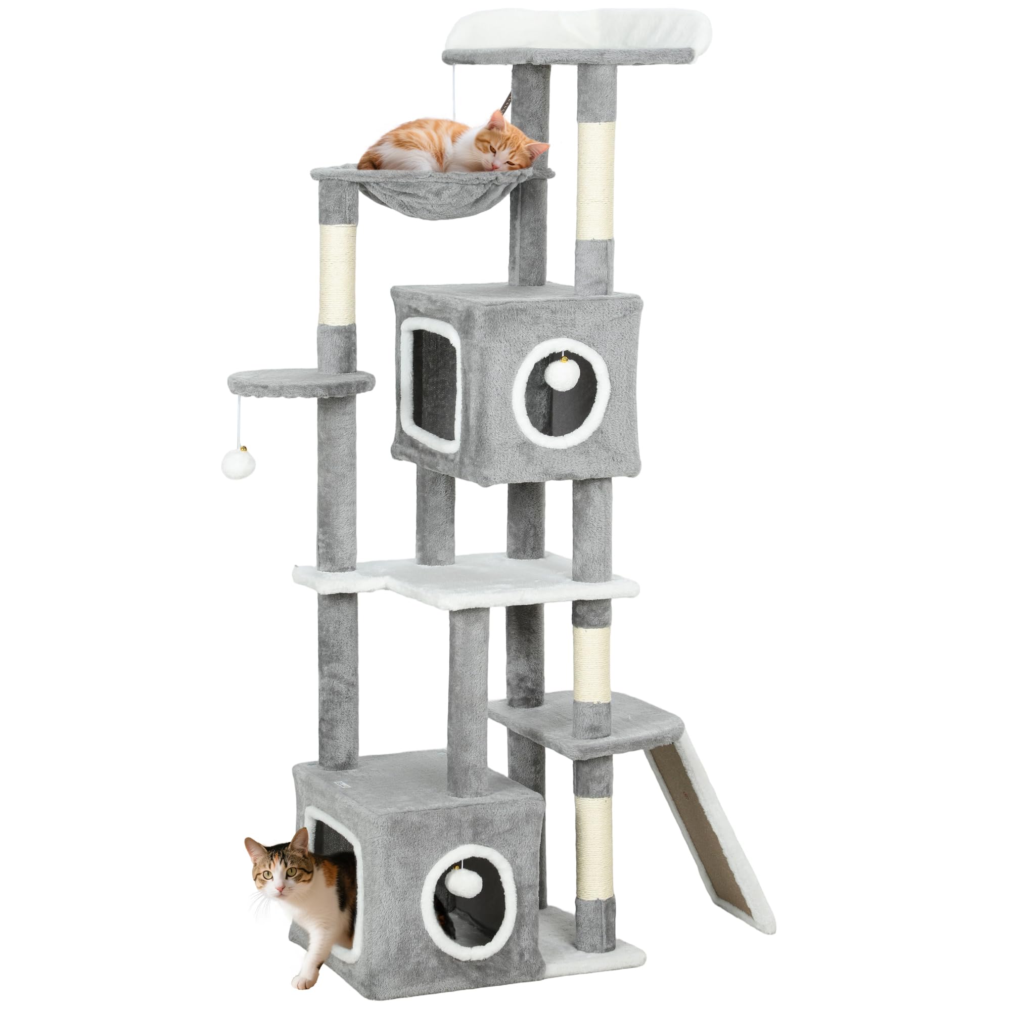 PawHut Tiragraffi per Gatti Alto 165cm con 4 Pali Graffiatoi Sisal Grigio | Albero per Gatti Multilivello, 2 Grotte, Cuccia, Amaca, 4 Pompon, Piattaforme, Rampa, Torre per Gattini, in Peluche