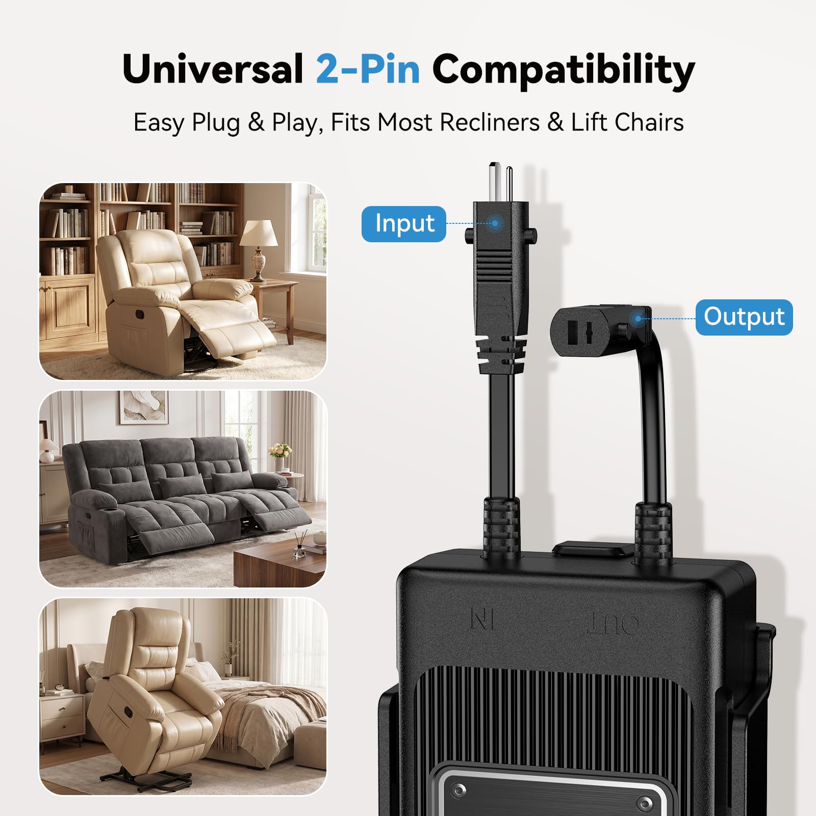 Paquete de baterías para muebles reclinables, batería reclinable recargable de 2500 mAh con pantalla LED, universal de 2 pines para sillón reclinable eléctrico, sofá, sofá y silla elevadora