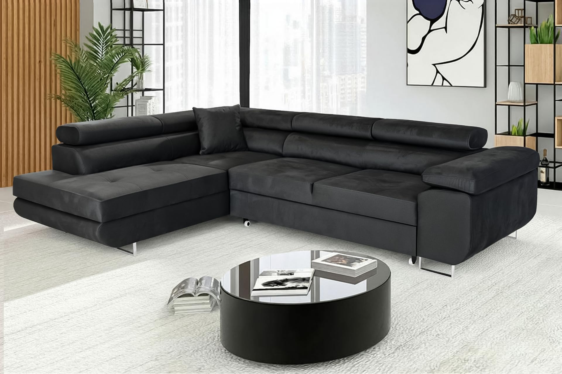 Ecksofa mit Schlaffunktion PASTI L-Form, Sofa Couch mit Bettkasten, 3-Sitzer Eckcouch, Schlafsofa für Wohnzimmer, Big Sofa Couch mit Schlaffunktion (Dunkelgrau, Ottomane Links)