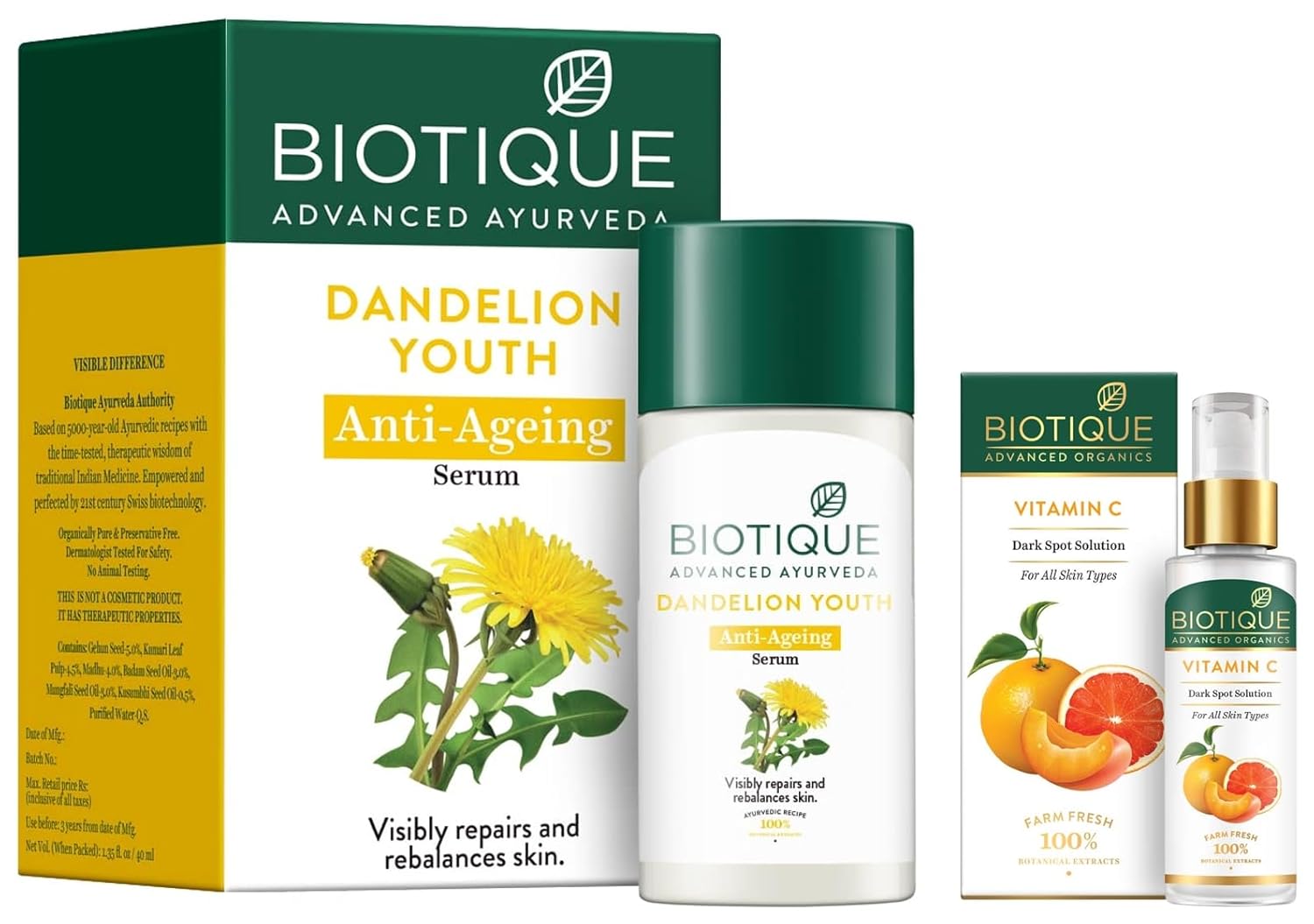 Biotique Vitamin C Dark Spot Solution Serum 30ml & Biotique Dandelion