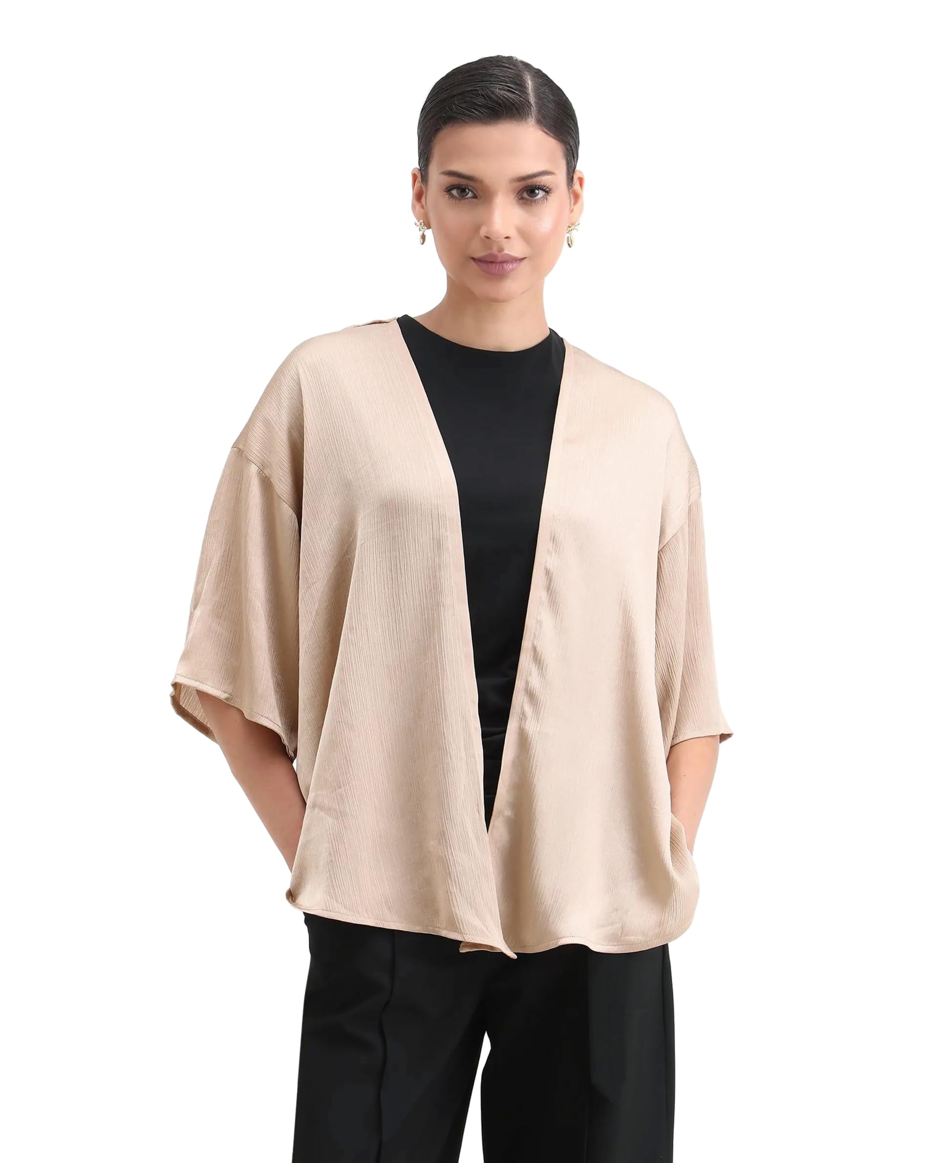 rareism Relaxed Solid Beige Polyester Kimono Sleeve Shrug-picture-12