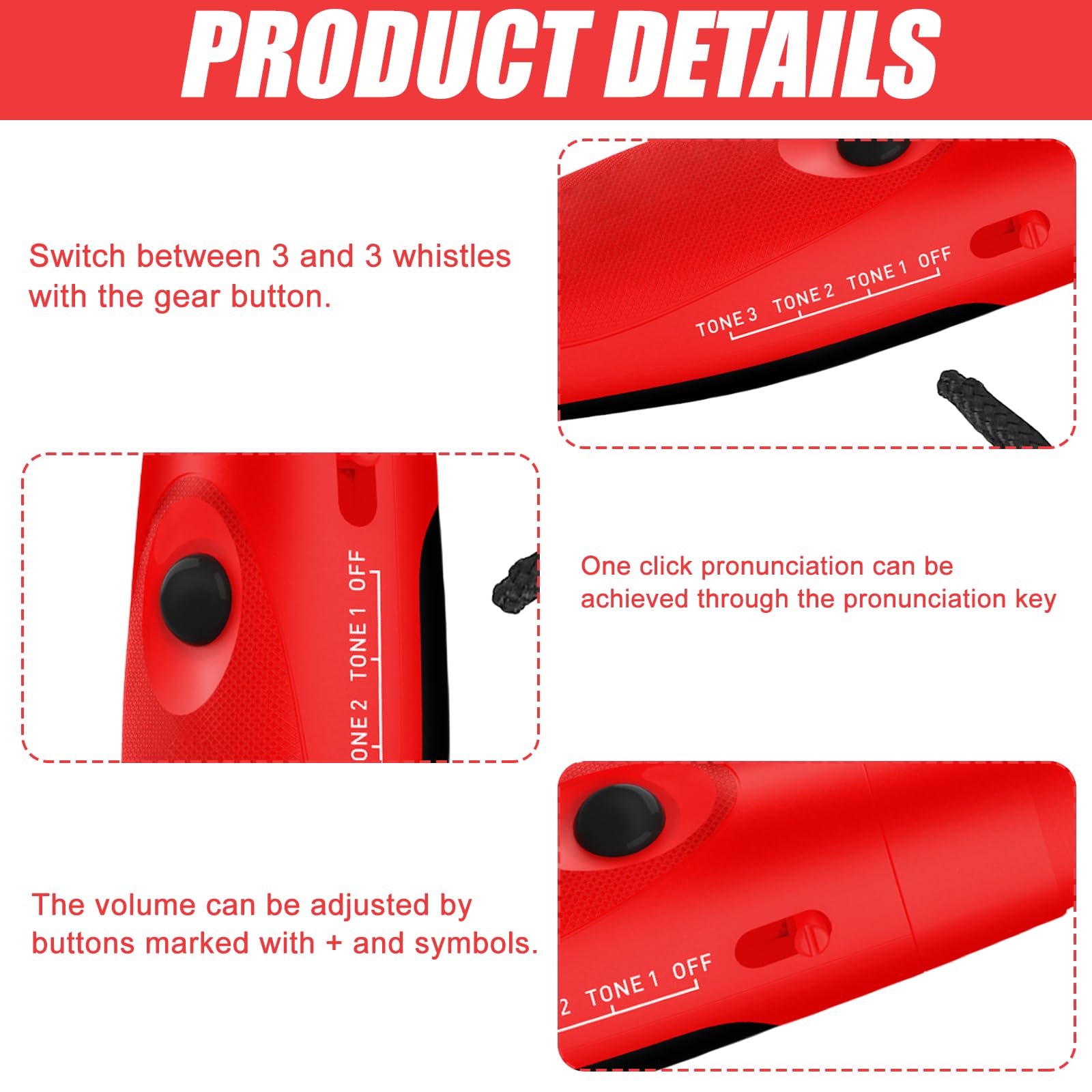 Silbato Electrónico Profesional 3 Tonos, Silbato de Árbitro Portátil Ajustable (Rojo)