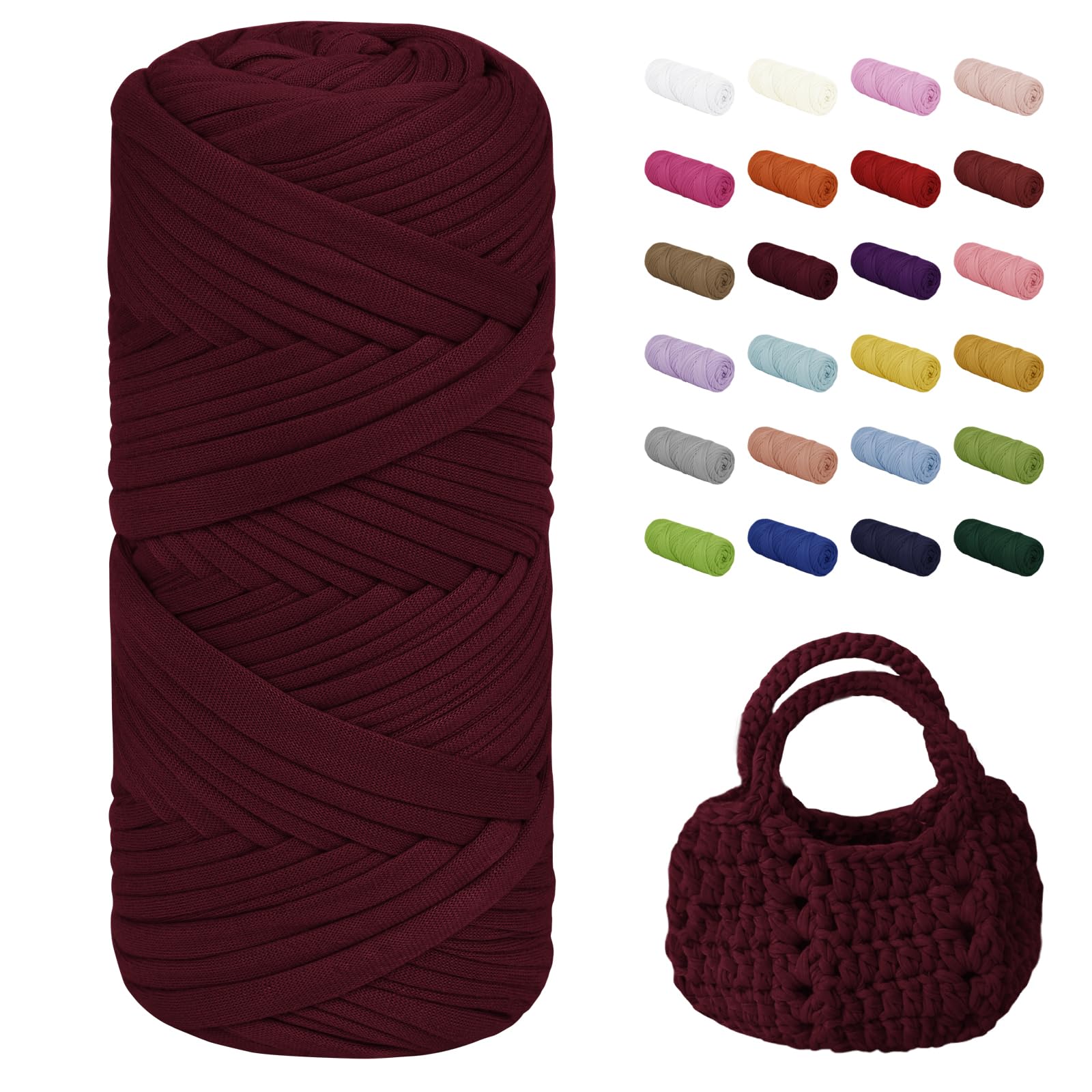 Uiopa T-Shirt Yarn, 200g/75m Chunky Crochet T Shirt Yarn, Polyester Elastic Fabric Ribbon for Crocheting Bags, Baskets, Home Decor, DIY Crafts (Wine Red)